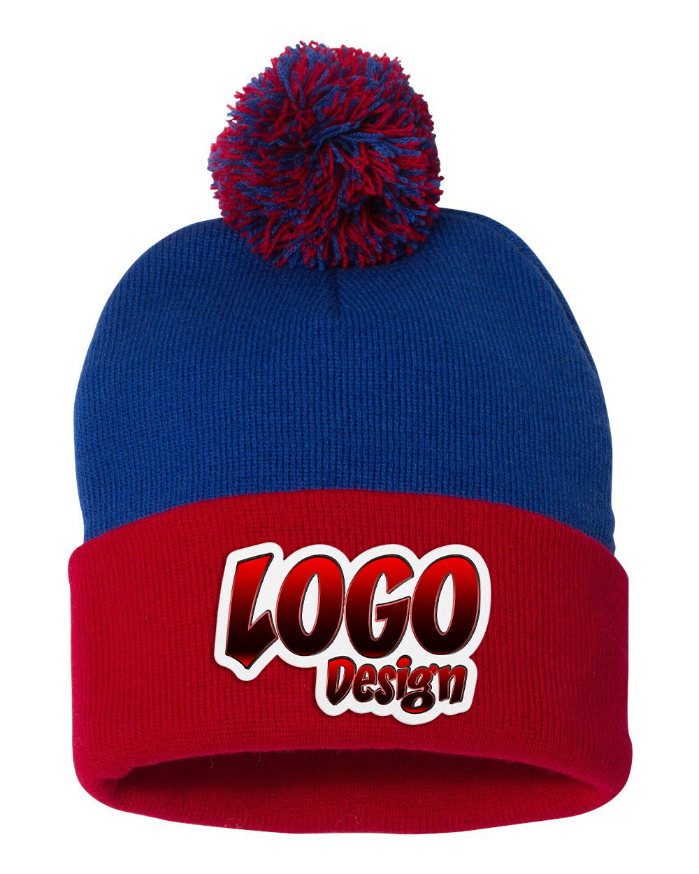 Red and blue knit beanie with a red-and-blue pom-pom and “LOGO Design” graphic on the front.