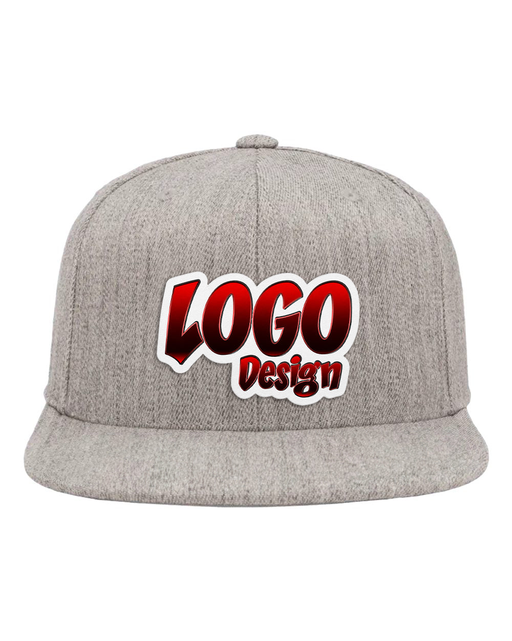Gray snapback cap with a red “LOGO Design” graphic embroidered on the front.
