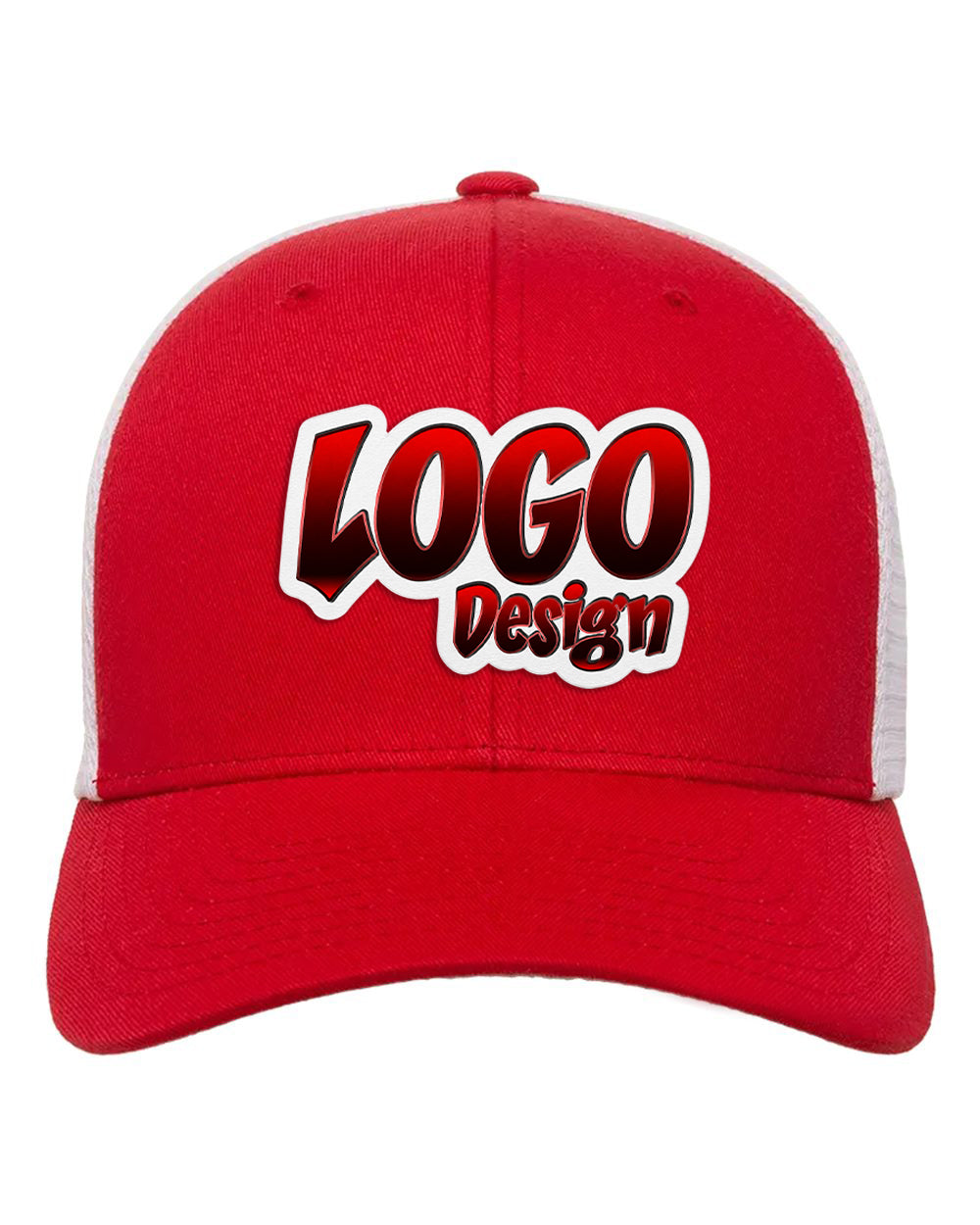 A red trucker-style baseball cap with white mesh side panels and a custom embroidered logo on the front reading 'LOGO Design' in red, black, and white.