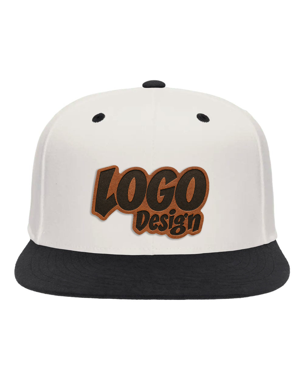 White and black trucker-style cap featuring a brown-and-black “LOGO Design” graphic on the front.
