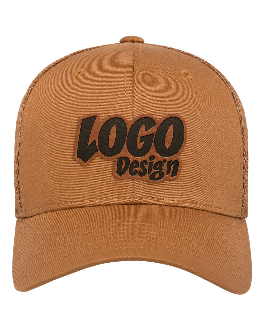 A tan baseball cap with a brown leather-look patch on the front that reads 'LOGO Design' in stylized black lettering, shown against a plain white background.