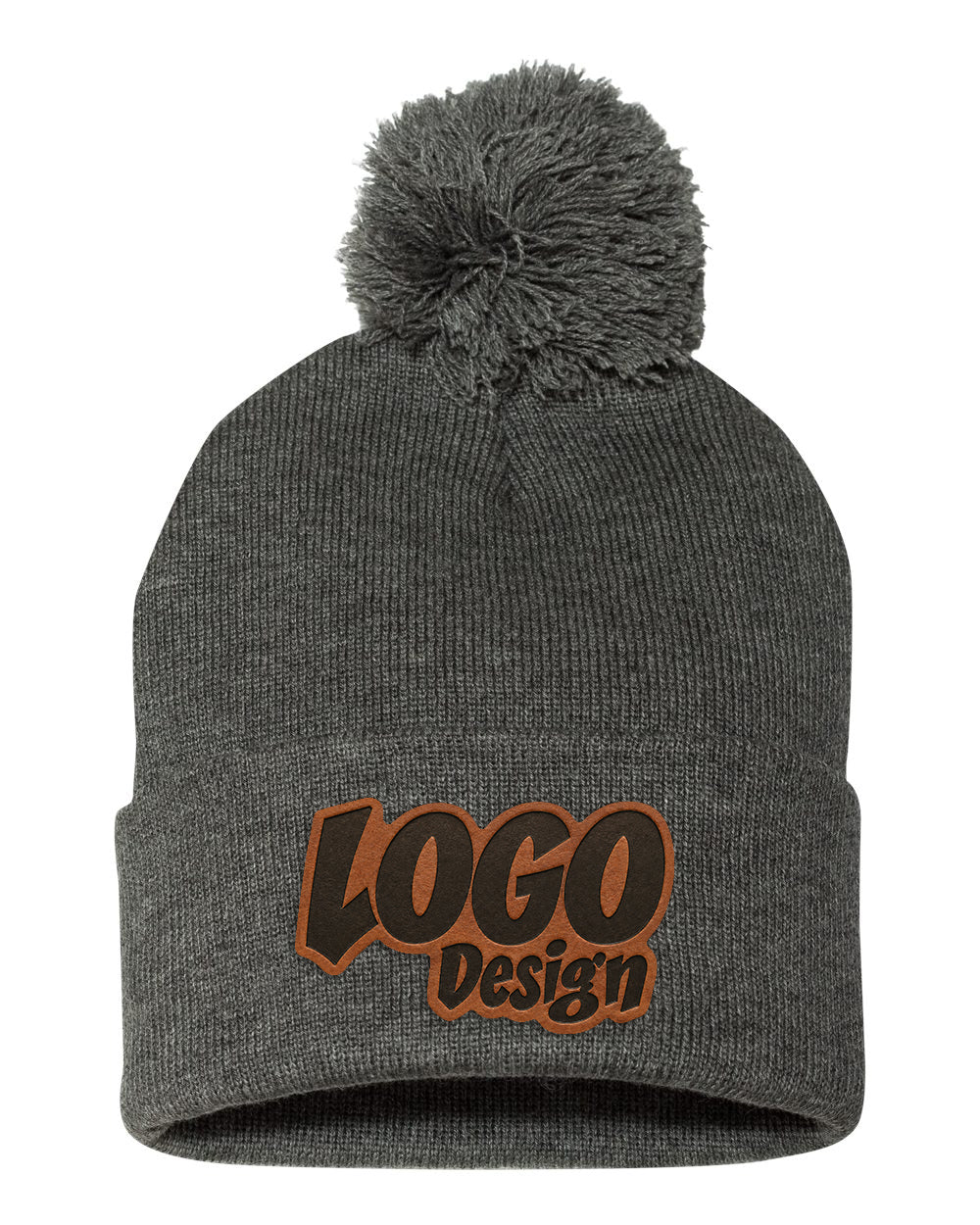 Gray knit beanie with a large gray pom-pom and brown “LOGO Design” graphic on the front.