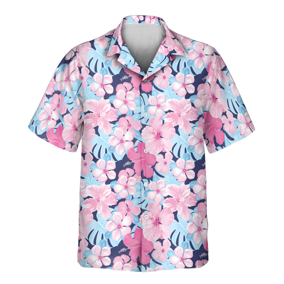 Tropical Floral Escape custom Aloha shirt featuring pink and white hibiscus flowers with blue tropical leaves on a navy background.