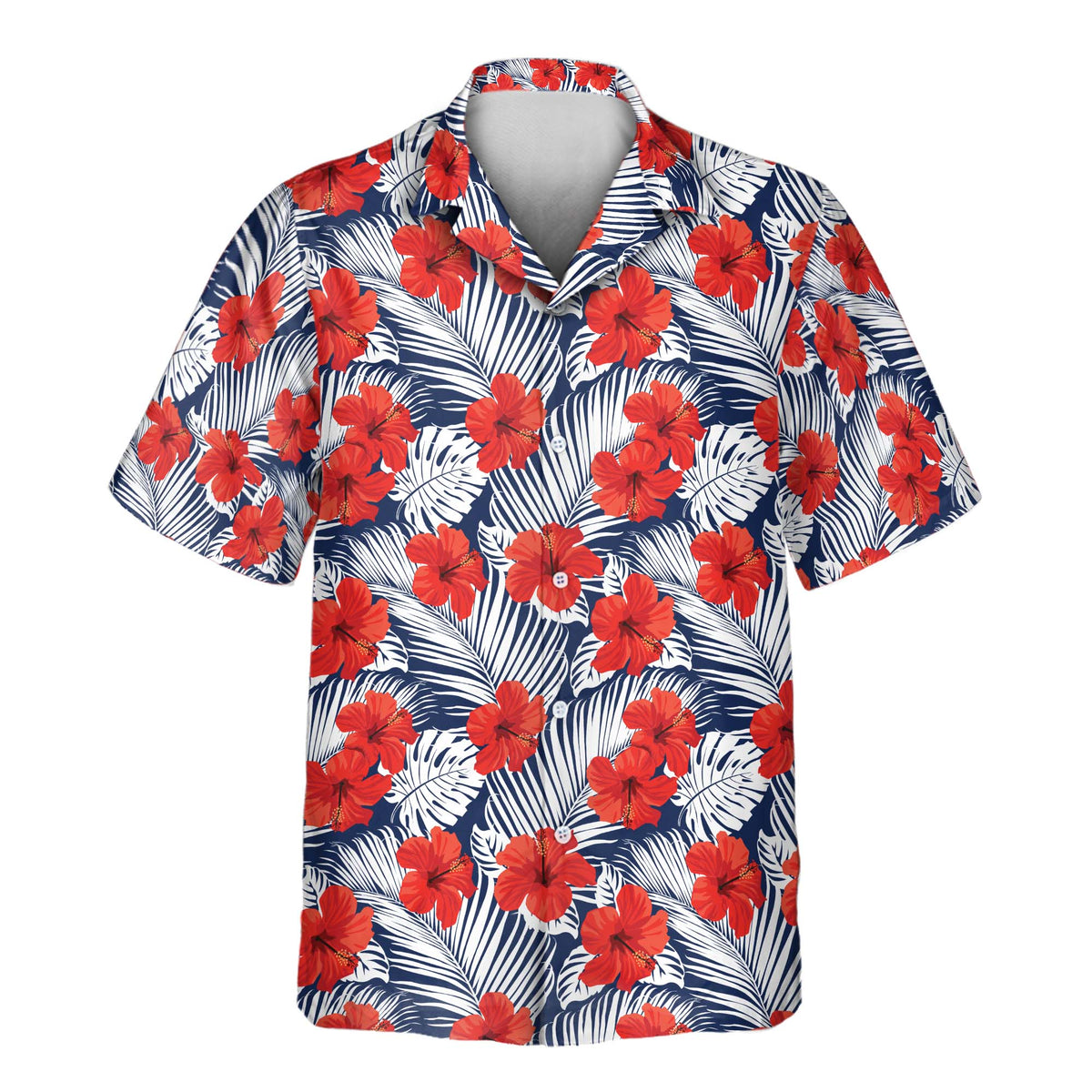 Red Hibiscus Tropics custom Aloha shirt featuring red hibiscus flowers and bold navy-and-white tropical leaves on a short-sleeve shirt.