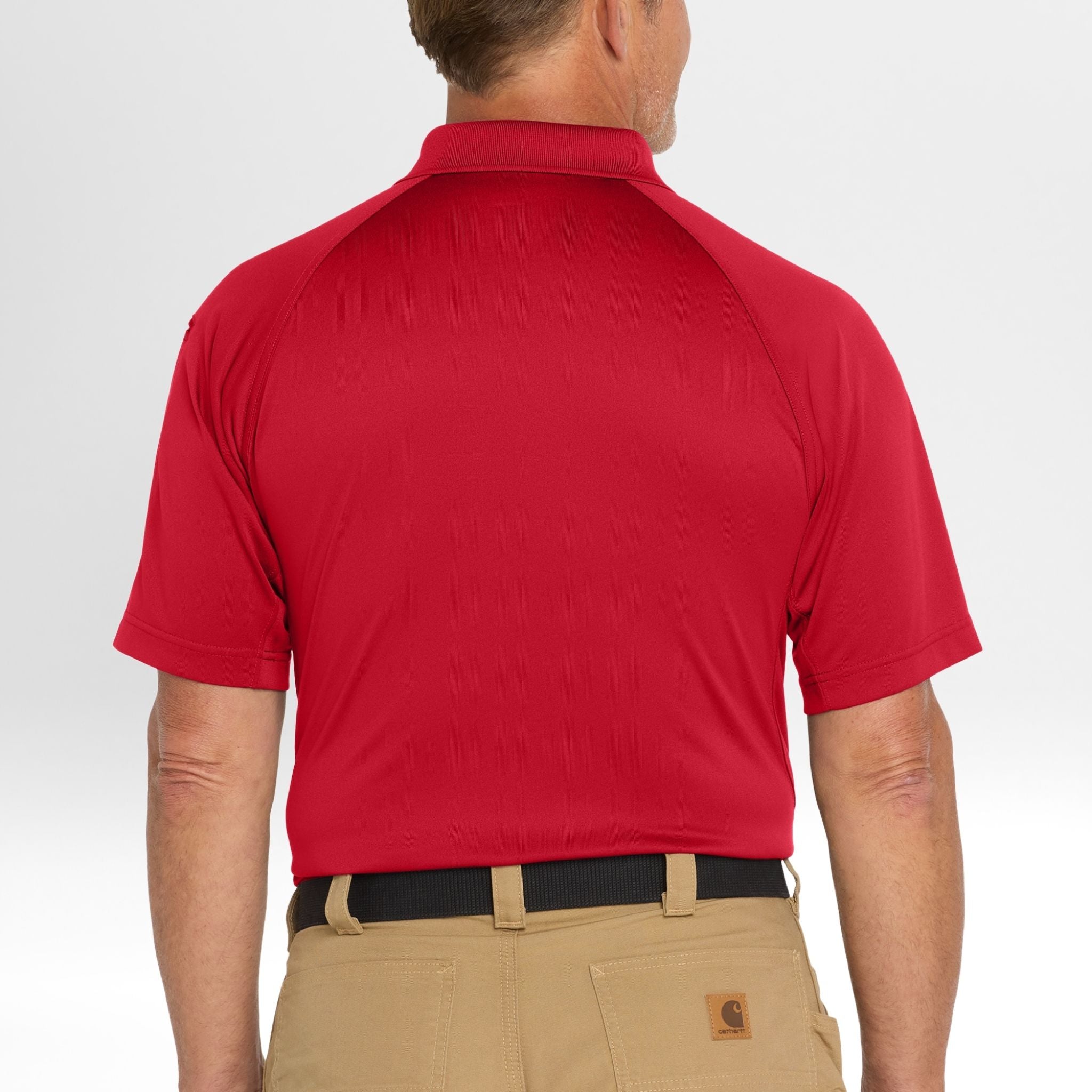 Red Snag-Proof Tactical Polo shirt worn by a person on a white background