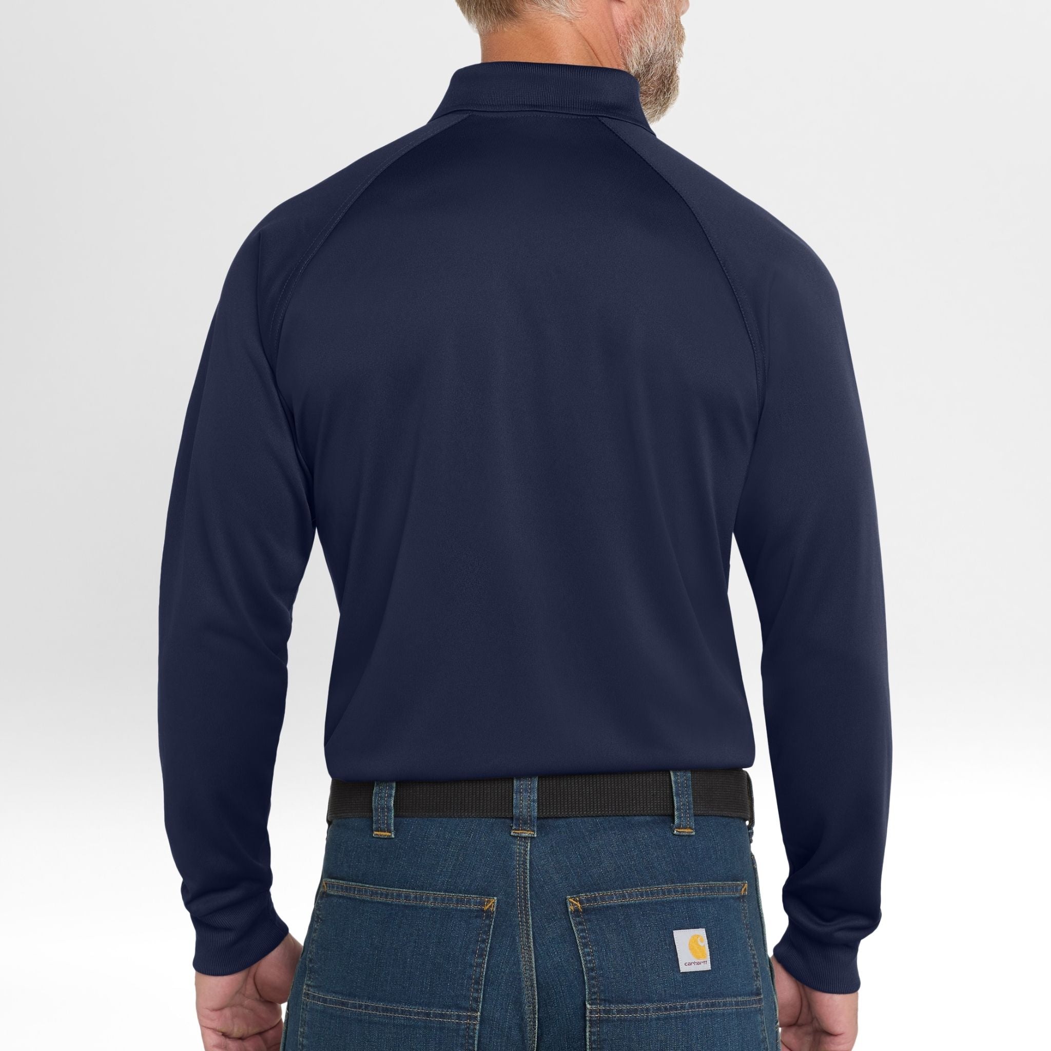 Person wearing a navy long-sleeve Snag-Proof Tactical Polo shirt with a visible brand logo on a white background