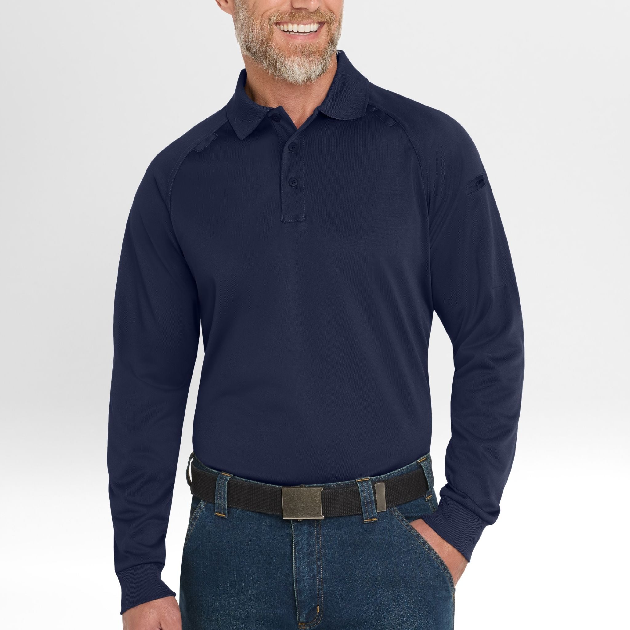 Man wearing a navy long-sleeve Snag-Proof Tactical Polo shirt on a white background