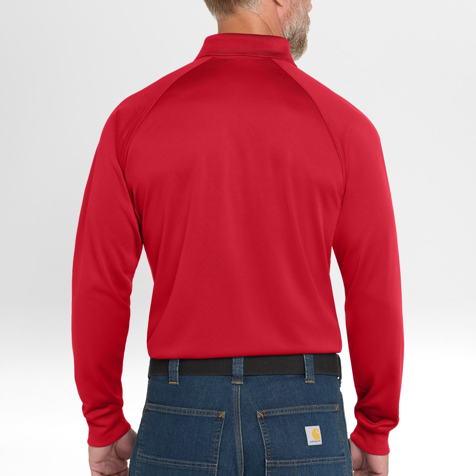 Red long-sleeve Snag-Proof Tactical Polo shirt worn by a person on a white background