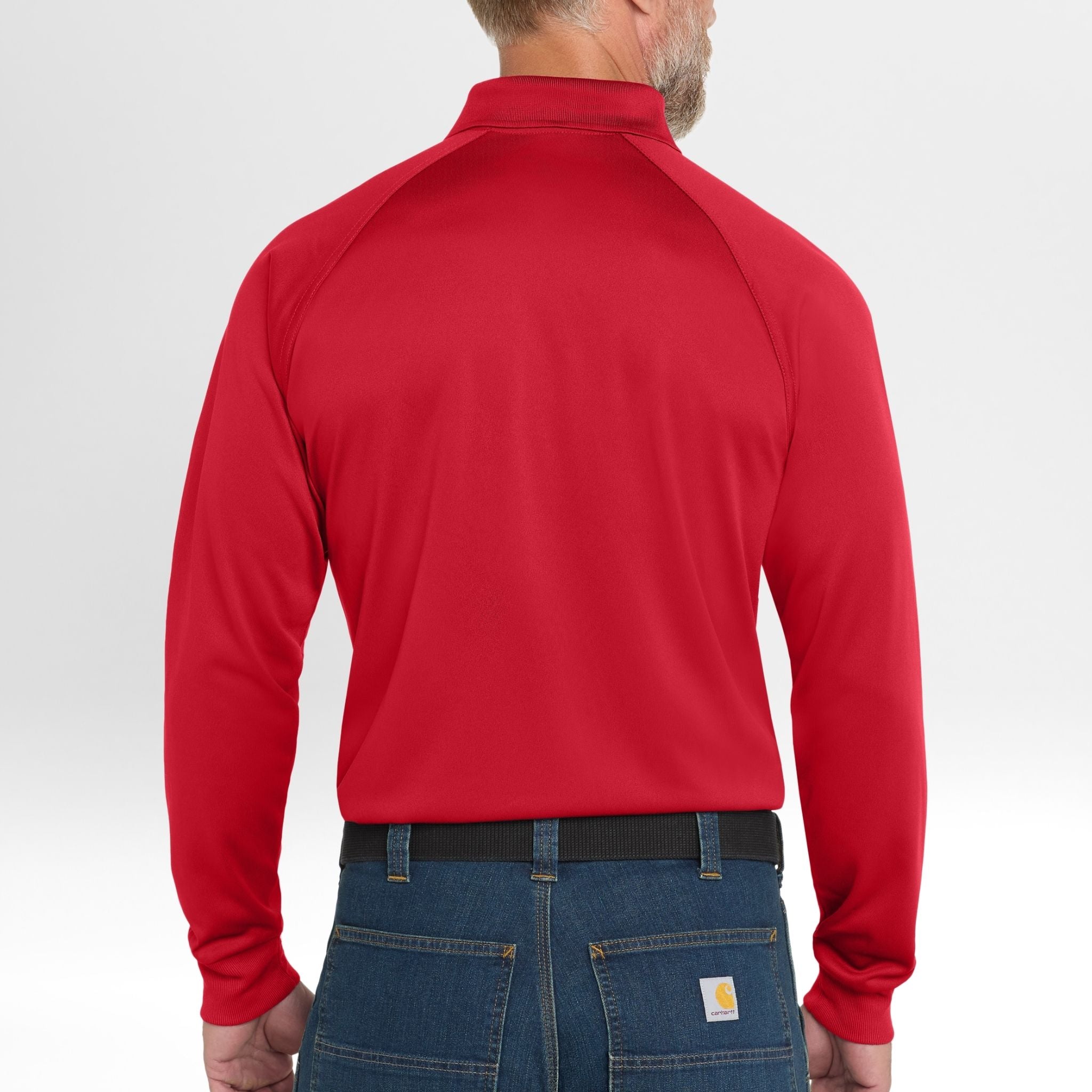 Red long-sleeve Snag-Proof Tactical Polo shirt worn by a person on a white background