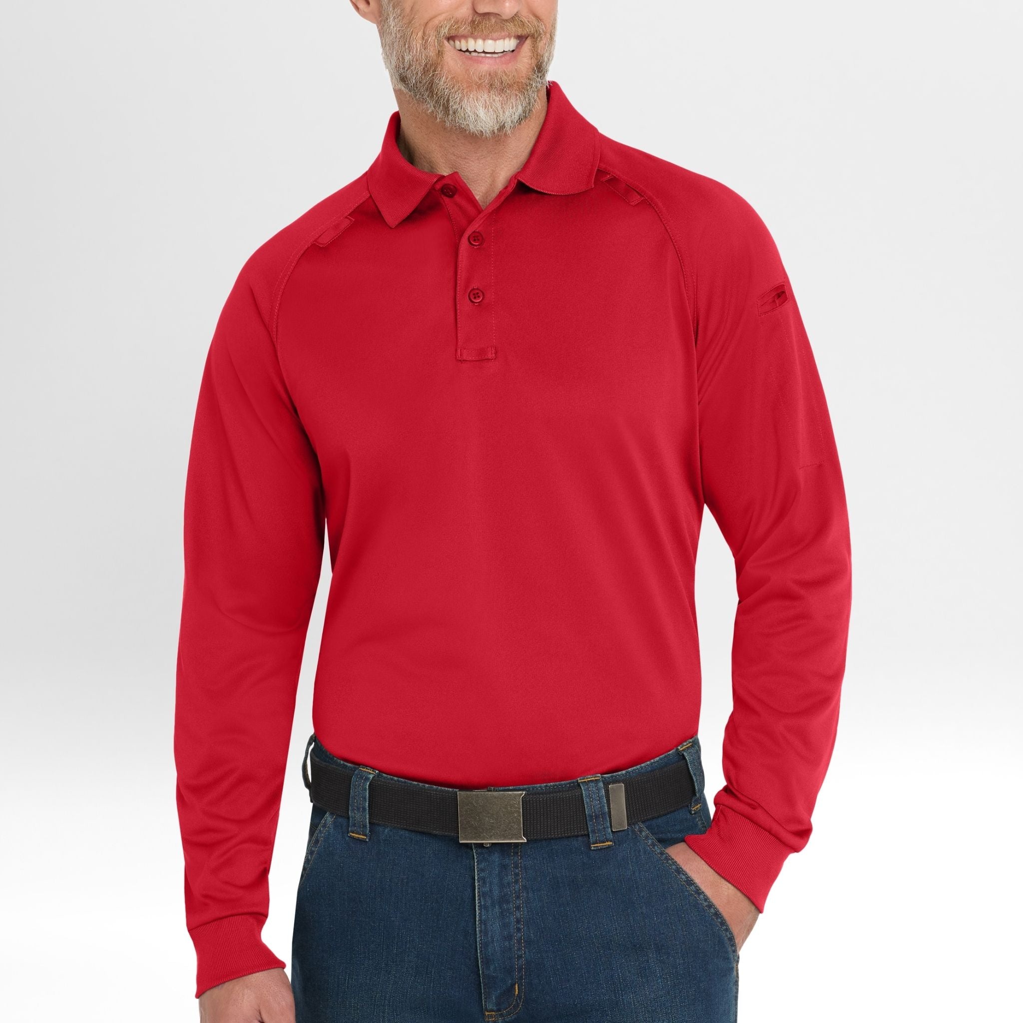 Man wearing a red long-sleeve Snag-Proof Tactical Polo shirt on a white background