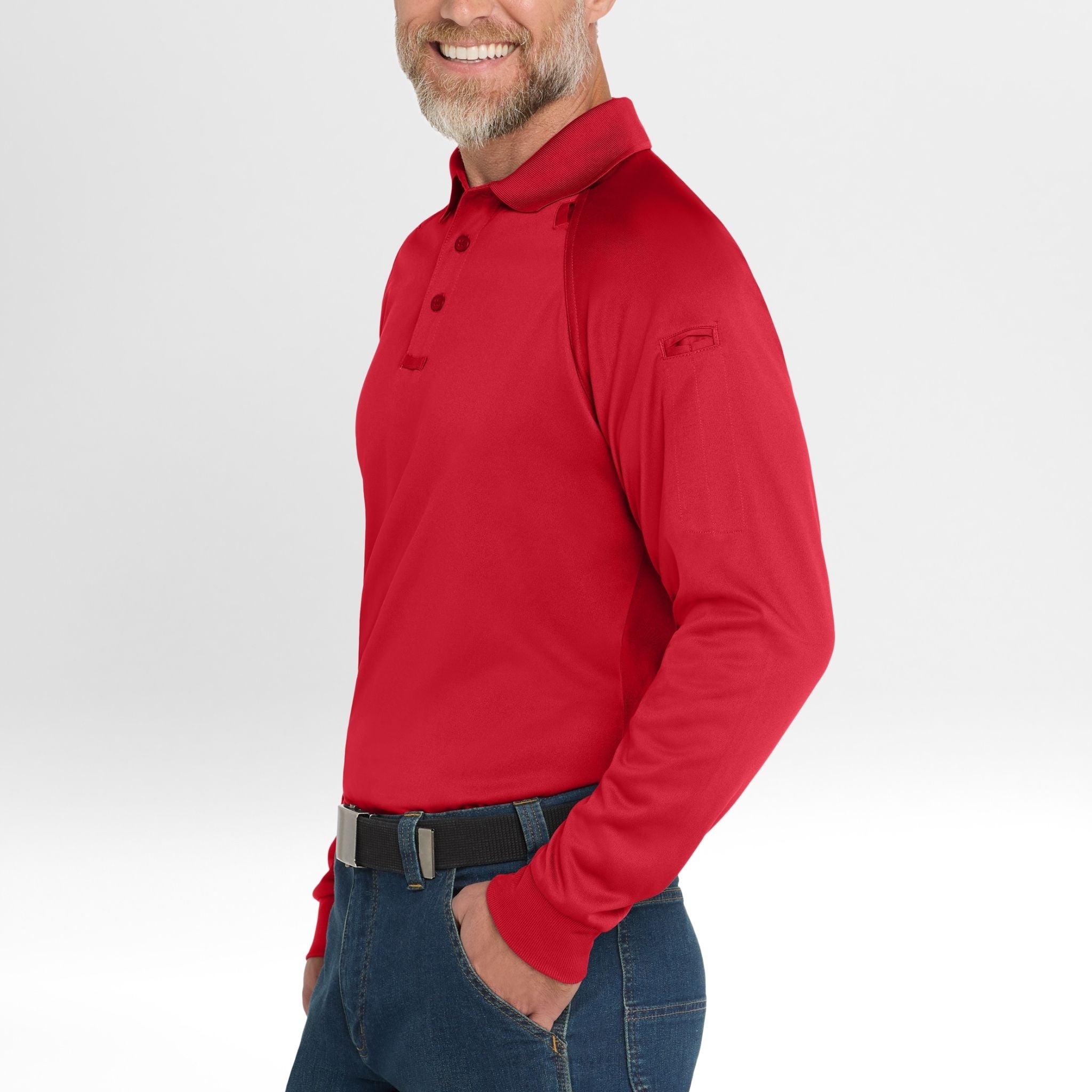 Man wearing a red long-sleeve Snag-Proof Tactical Polo shirt on a white background