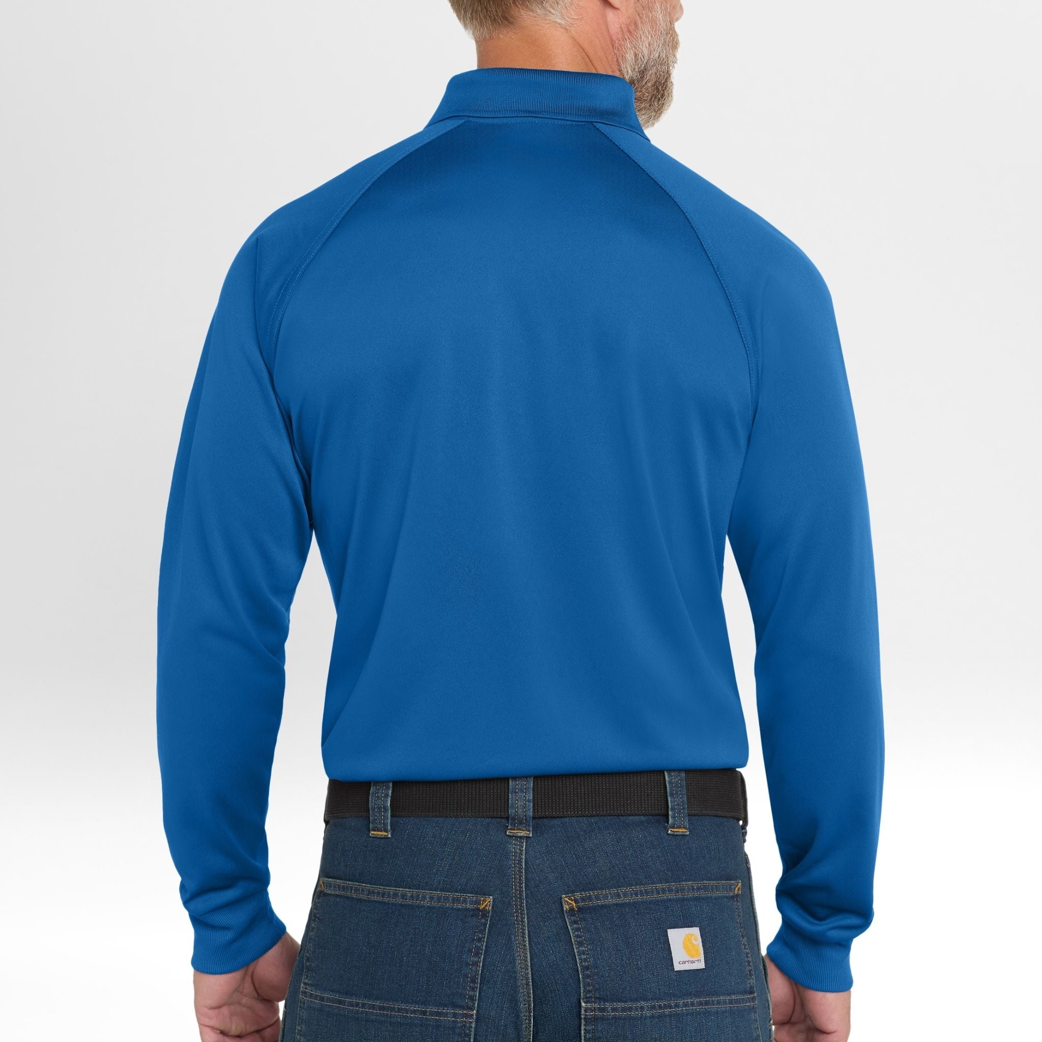 Blue long-sleeve Snag-Proof Tactical Polo shirt worn by a person on a white background