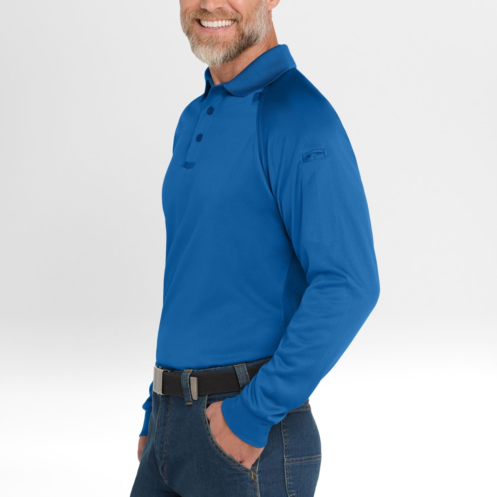 Man wearing a blue long-sleeve Snag-Proof Tactical Polo shirt on a white background