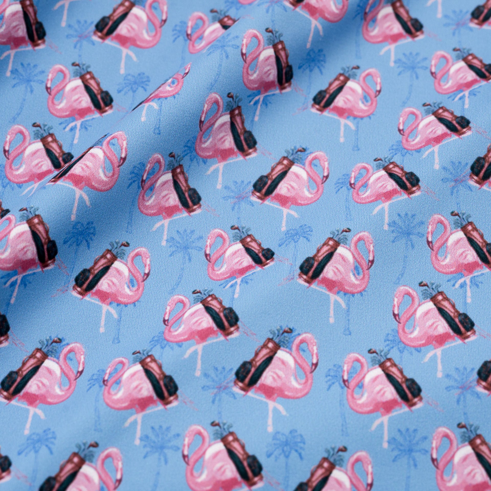 Pattern of pink flamingos with golf bag