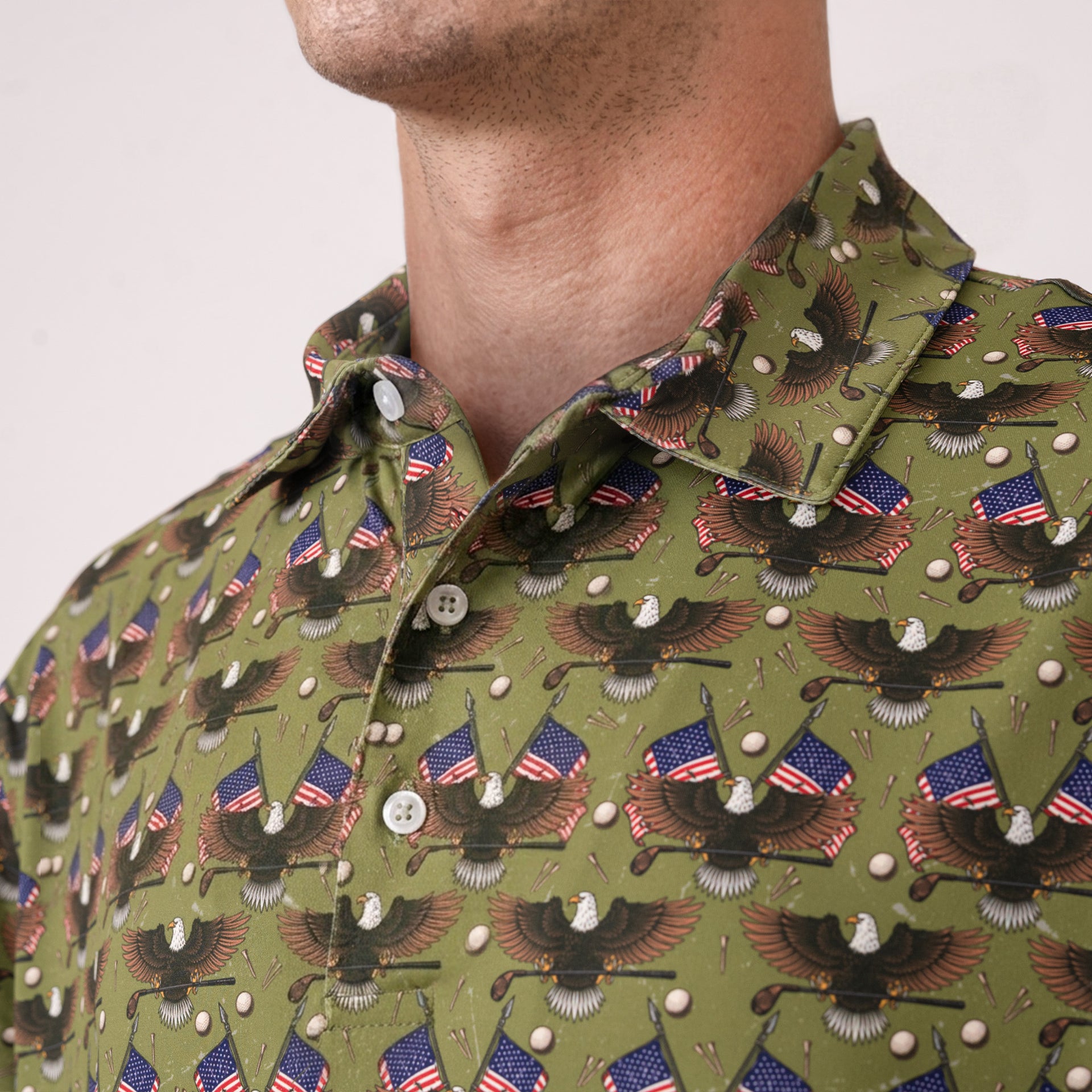 Green golf shirt with eagle and American flag pattern