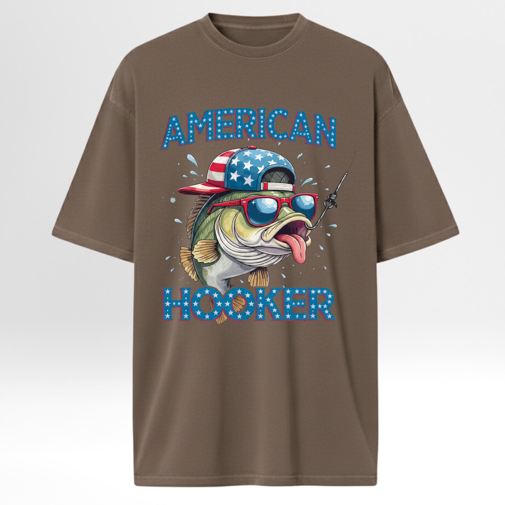 Brown fishing graphic t-shirt with a fish graphic wearing an American flag hat and sunglasses, and the text 'American Hooker' 