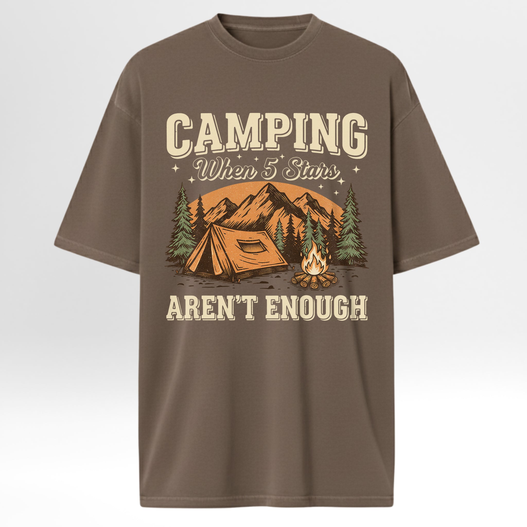 Brown camp & trail t-shirt with camping graphic and text 'Camping When 5 Stars Aren't Enough'.