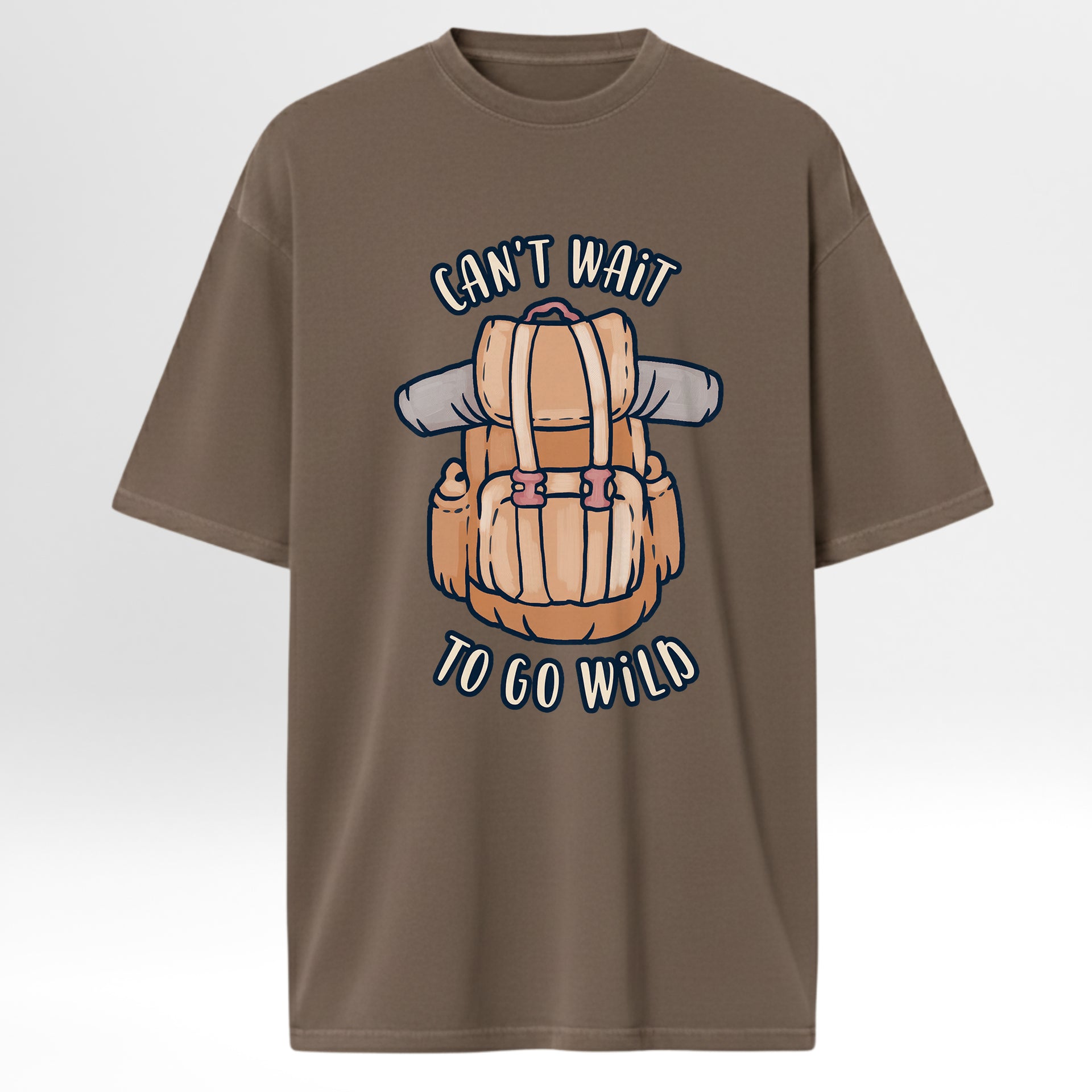 Brown Camp & Trail t-shirt with a backpack graphic and text 'Can't Wait To Go Wild'.