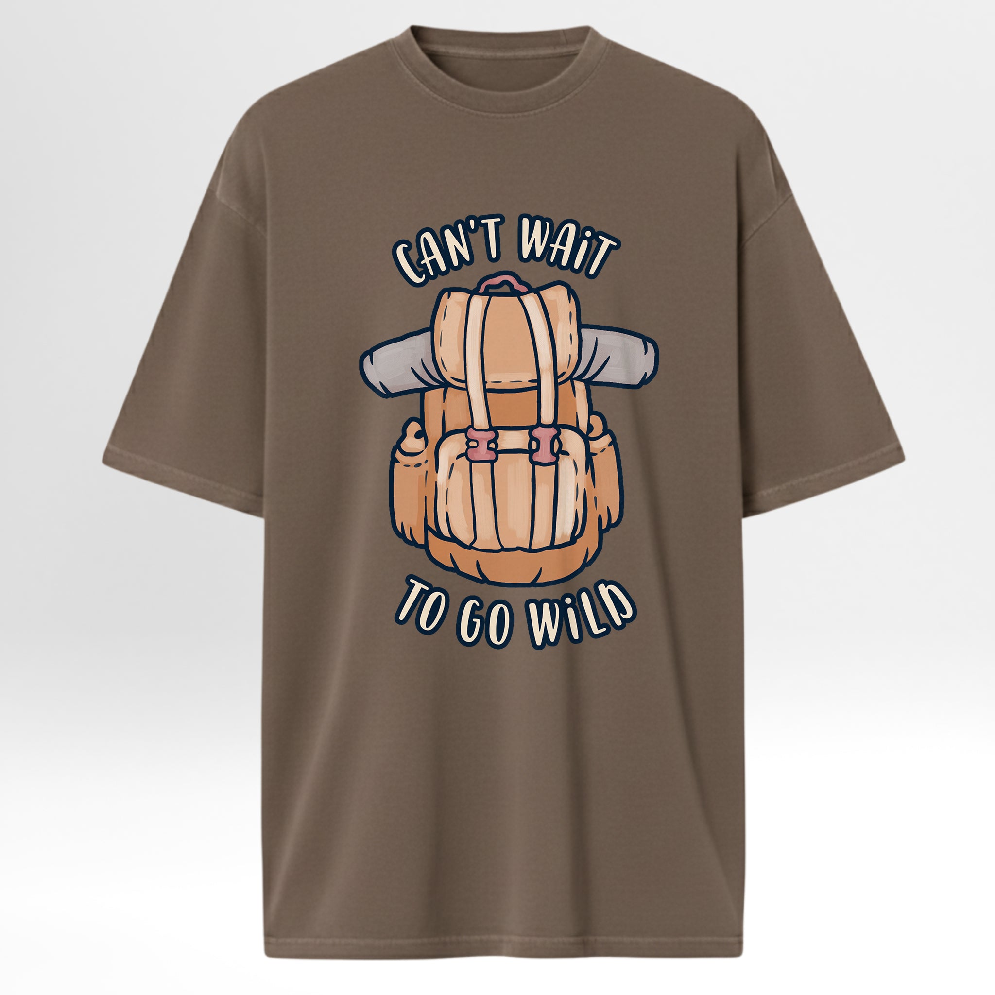 Brown Camp & Trail t-shirt with a backpack graphic and text 'Can't Wait To Go Wild'.