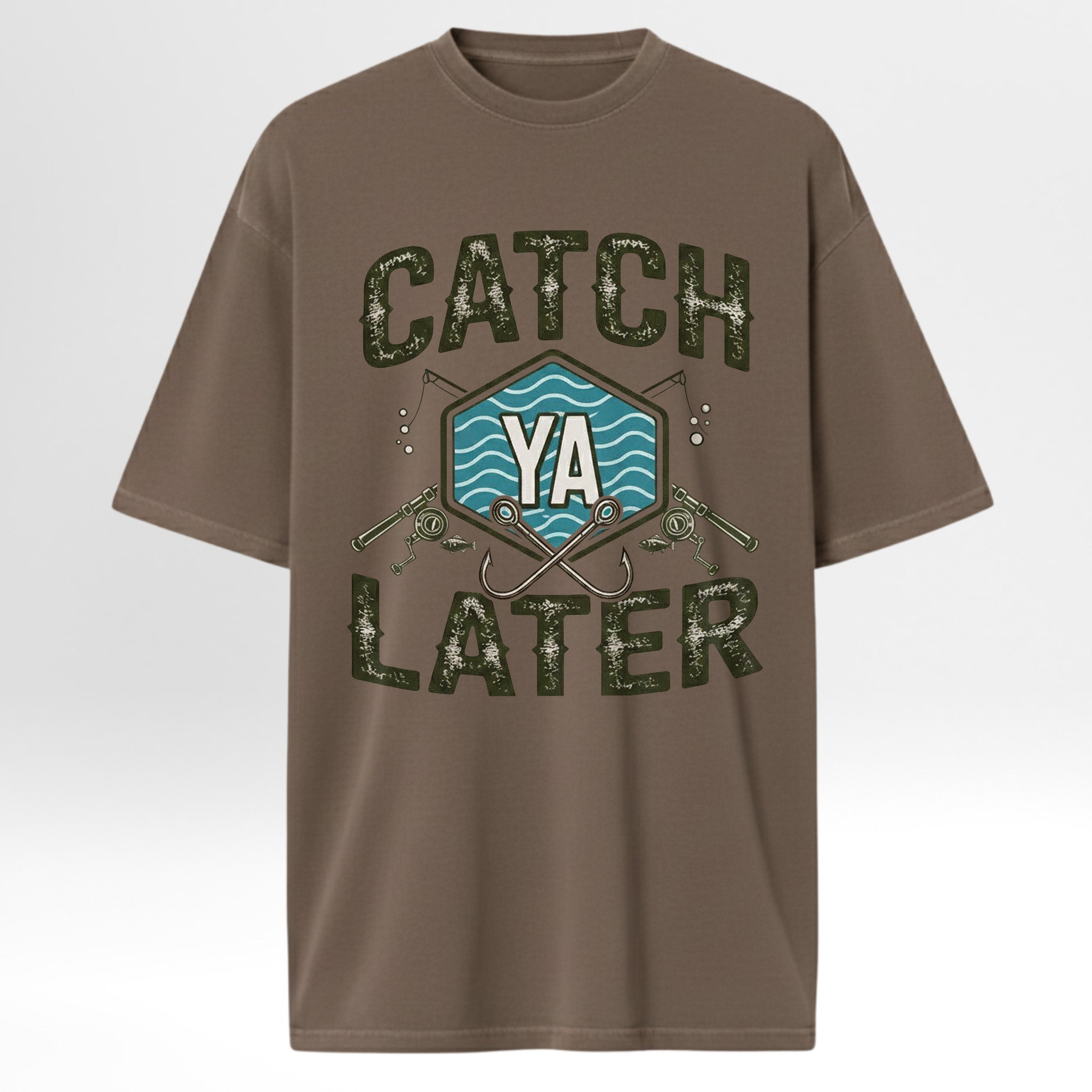 Brown fishing t-shirt with 'Catch Ya Later' graphic design.