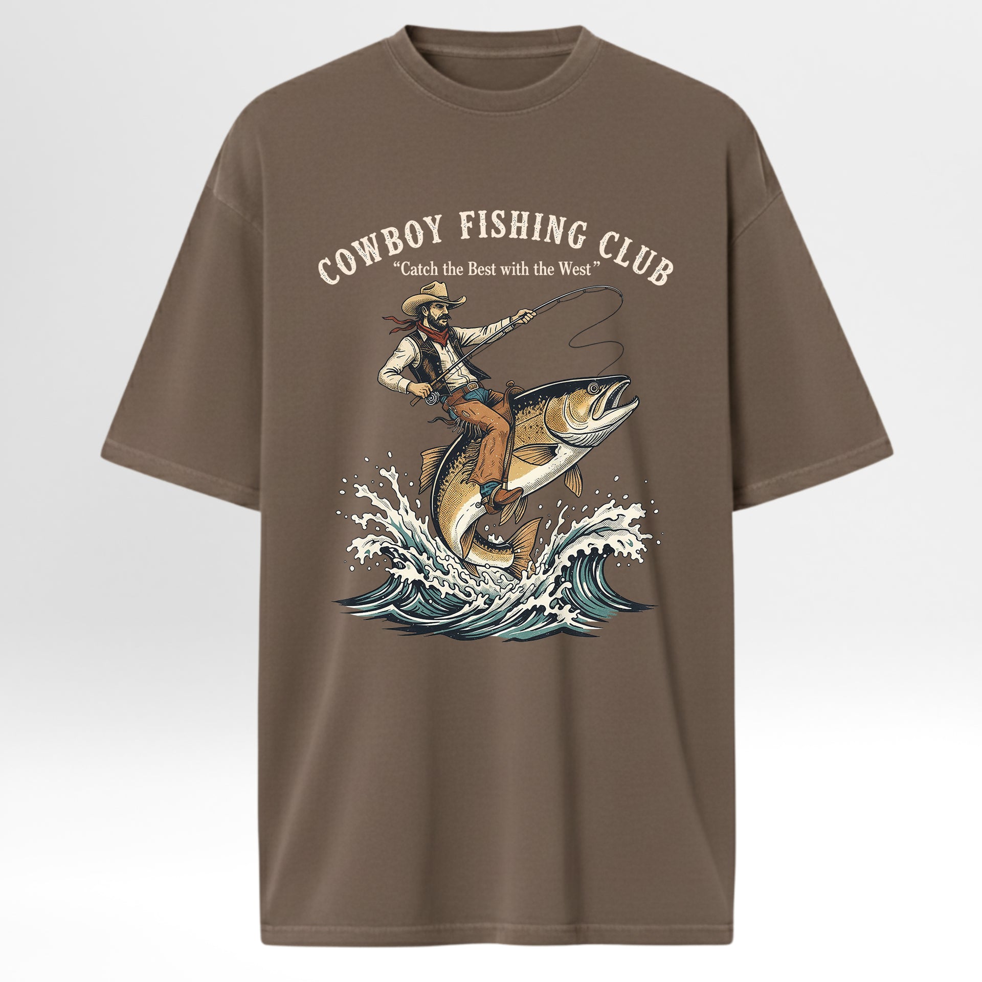 Brown fishing t-shirt with a graphic of a cowboy fishing and 'Cowboy Fishing Club' text.