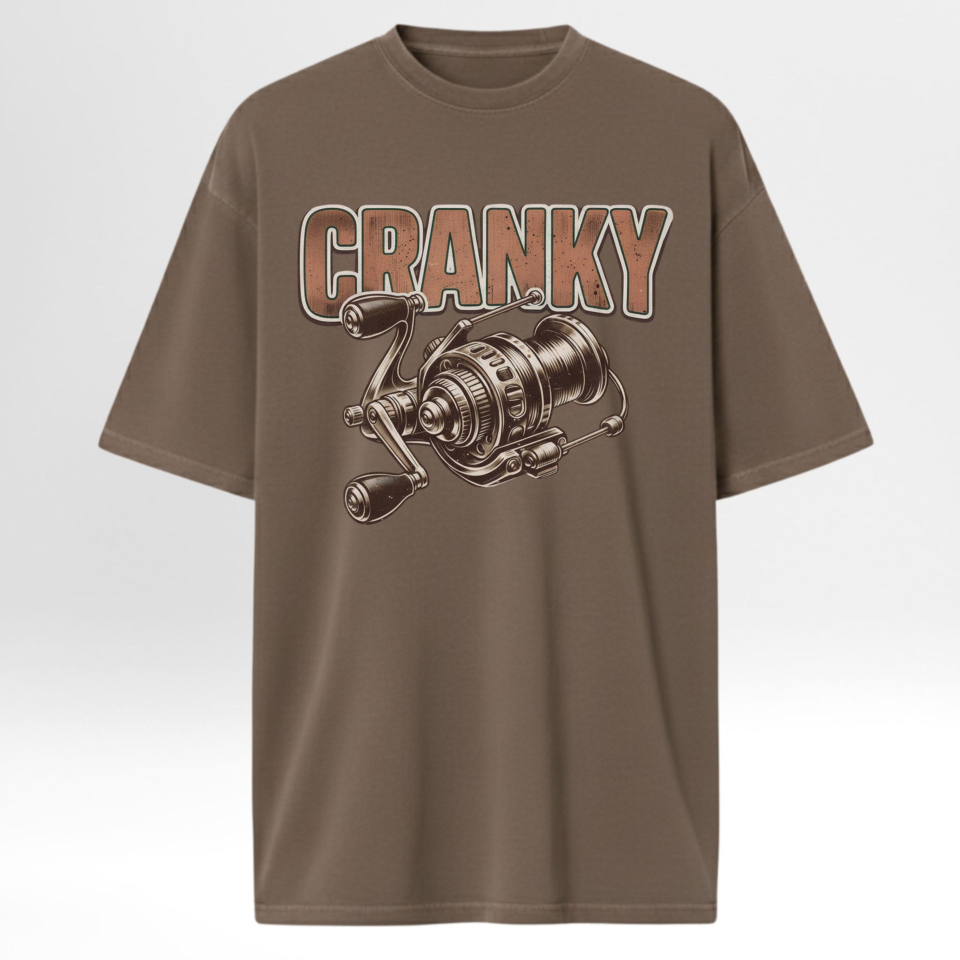 Brown fishing t-shirt with fishing reel graphic and 'CRANKY' text.