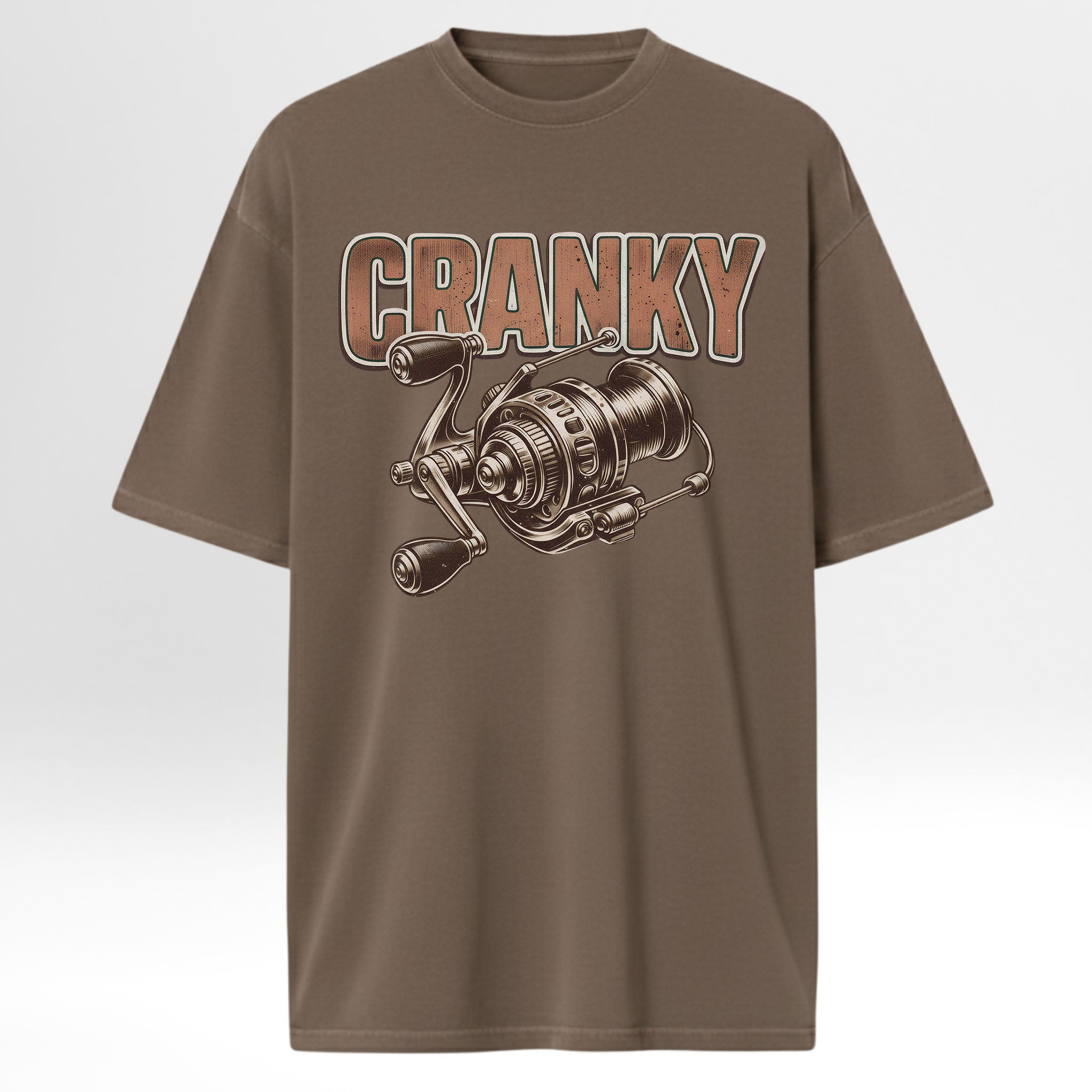 Brown fishing t-shirt with fishing reel graphic and 'CRANKY' text.