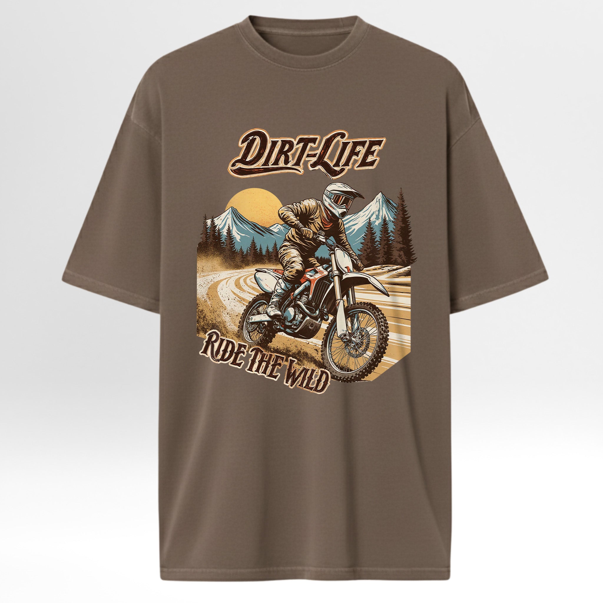 Brown camp & trail t-shirt with a graphic of a person on a dirt bike and mountain landscape, with 'Dirt Life Ride the Wild' text.
