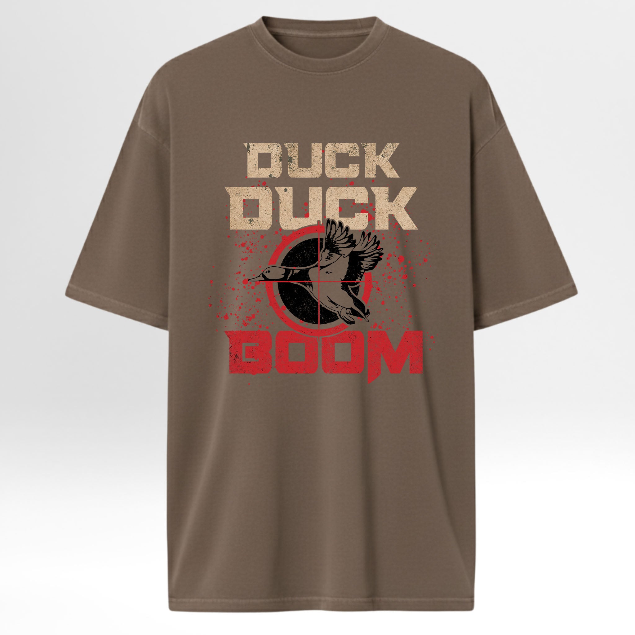 Brown hunting t-shirt with 'Duck Duck Boom' graphic design.