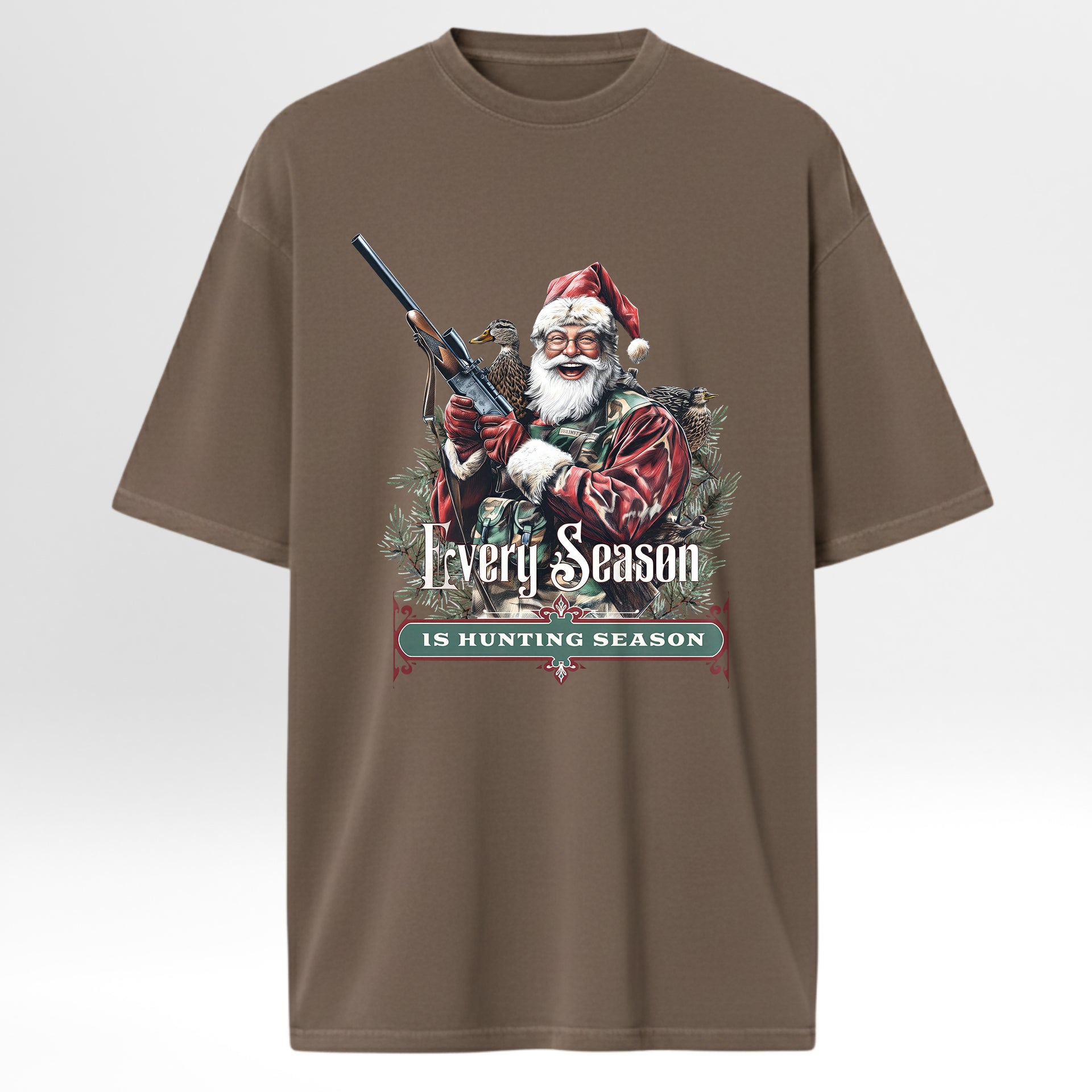 Brown hunting t-shirt with a graphic of Santa Claus hunting and text 'Every Season is Hunting Season'.