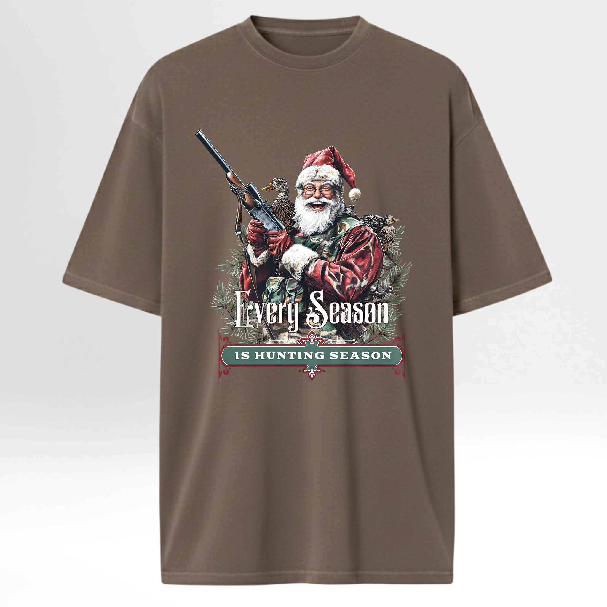 Brown hunting t-shirt with a graphic of Santa Claus hunting and text 'Every Season is Hunting Season'.