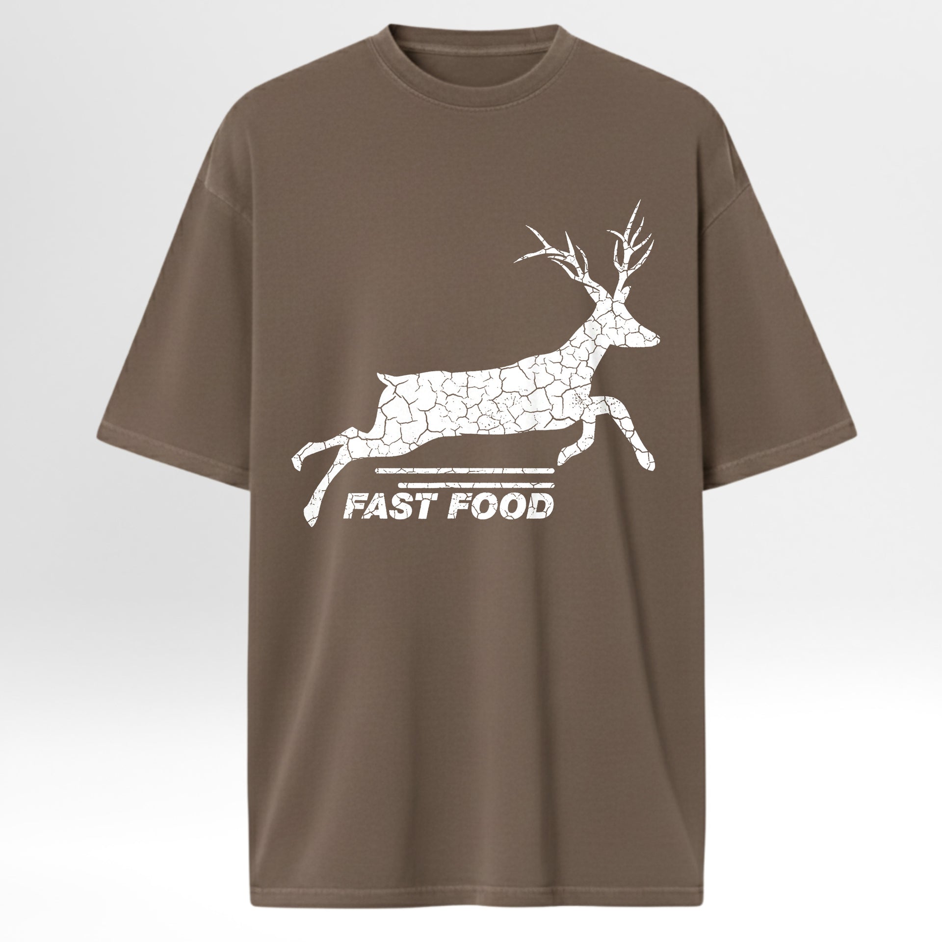 Brown hunting t-shirt with a white graphic of a deer skeleton and 'FAST FOOD' text.
