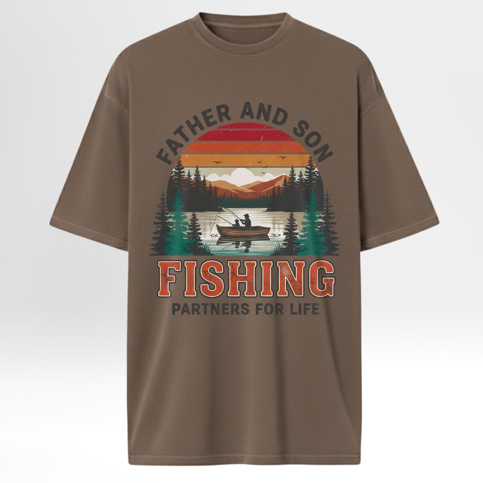 Brown fishing t-shirt with fishing graphic and text 'Father And Son Fishing Partners For Life'.