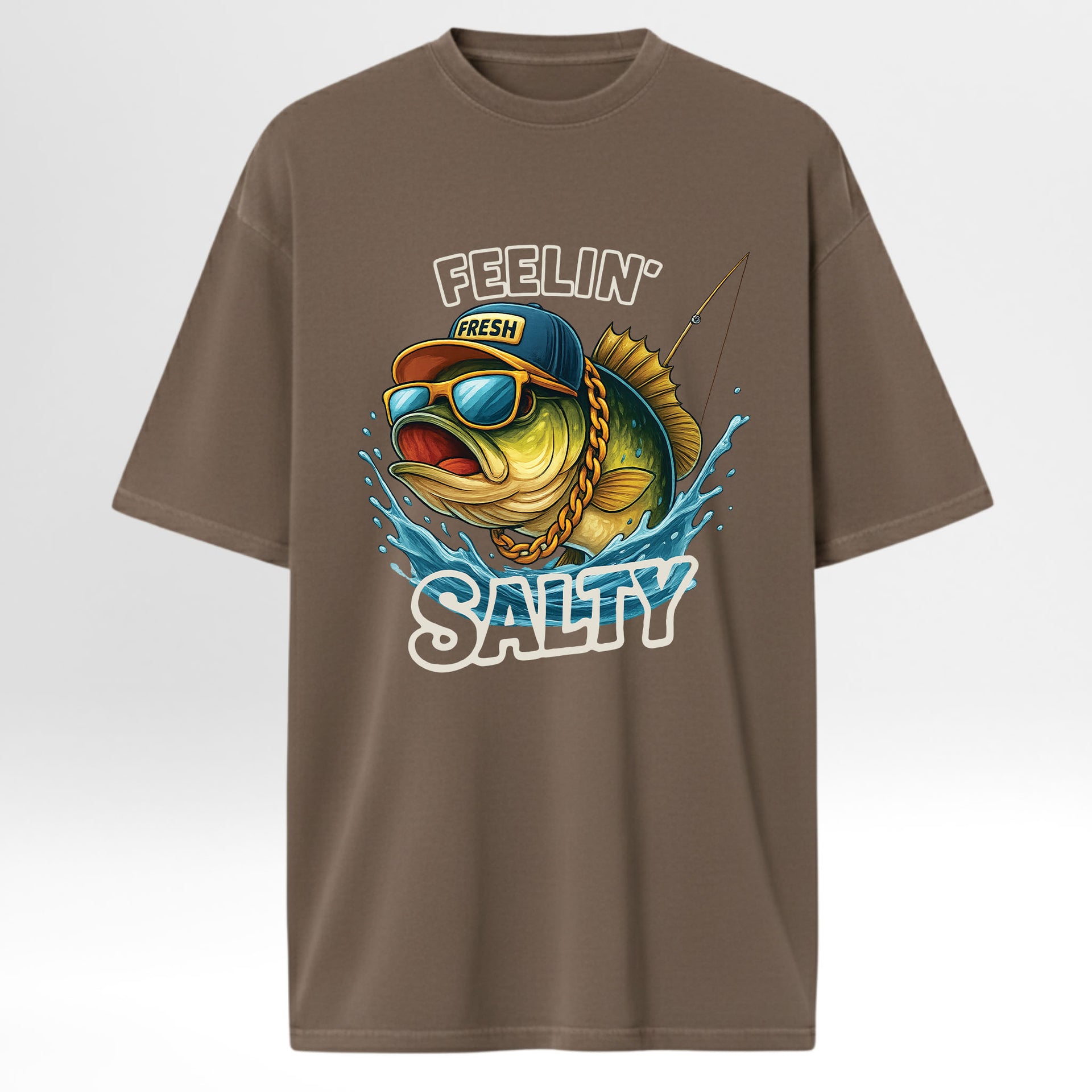 Brown fishing graphic t-shirt with a fish graphic and 'Feelin' Salty' text 