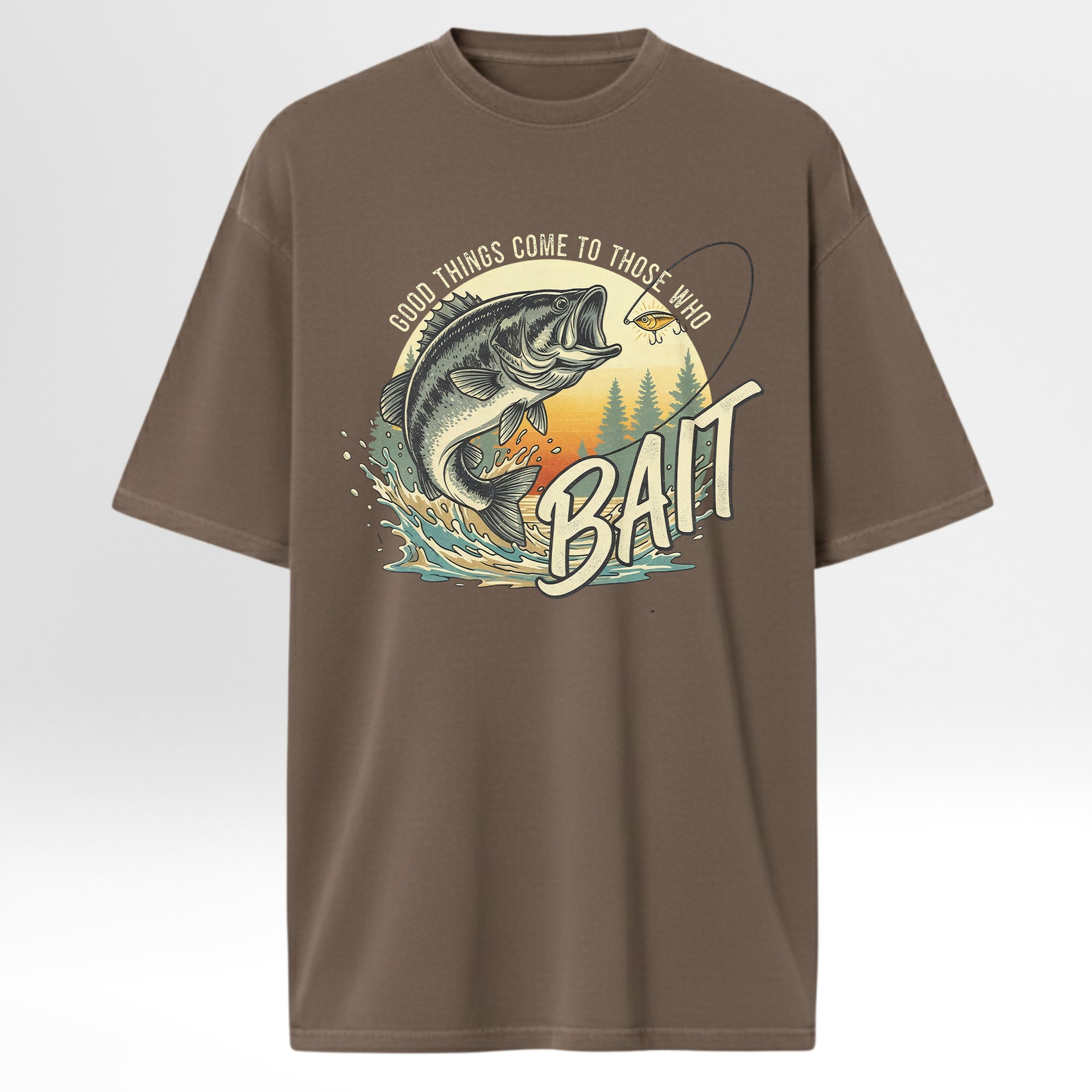 Brown fishing t-shirt with fishing graphic and text 'Good Things Come To Those Who Bait'.