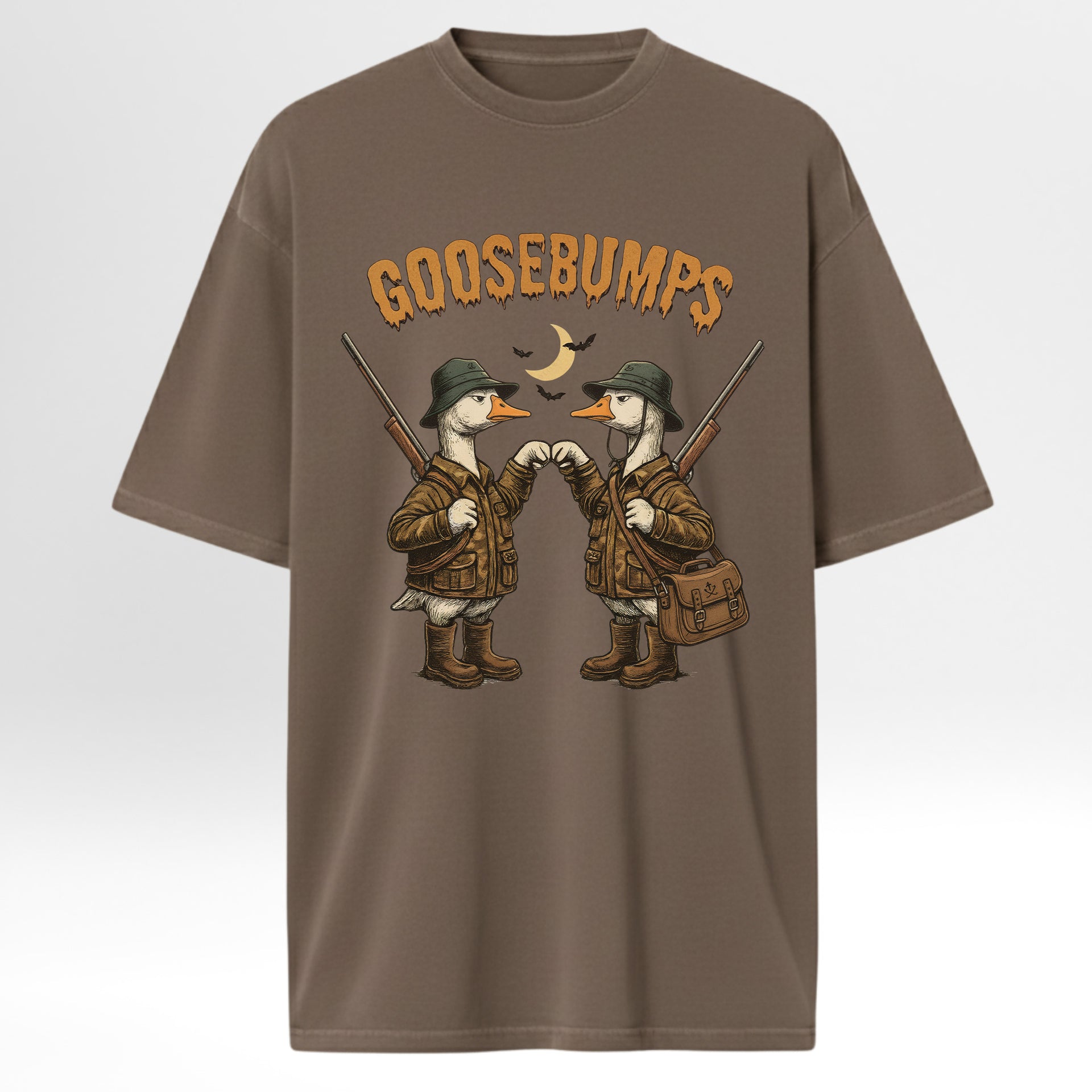 Brown hunting graphic t-shirt with 'GOOSEBUMPS' graphic and duck characters on a white background