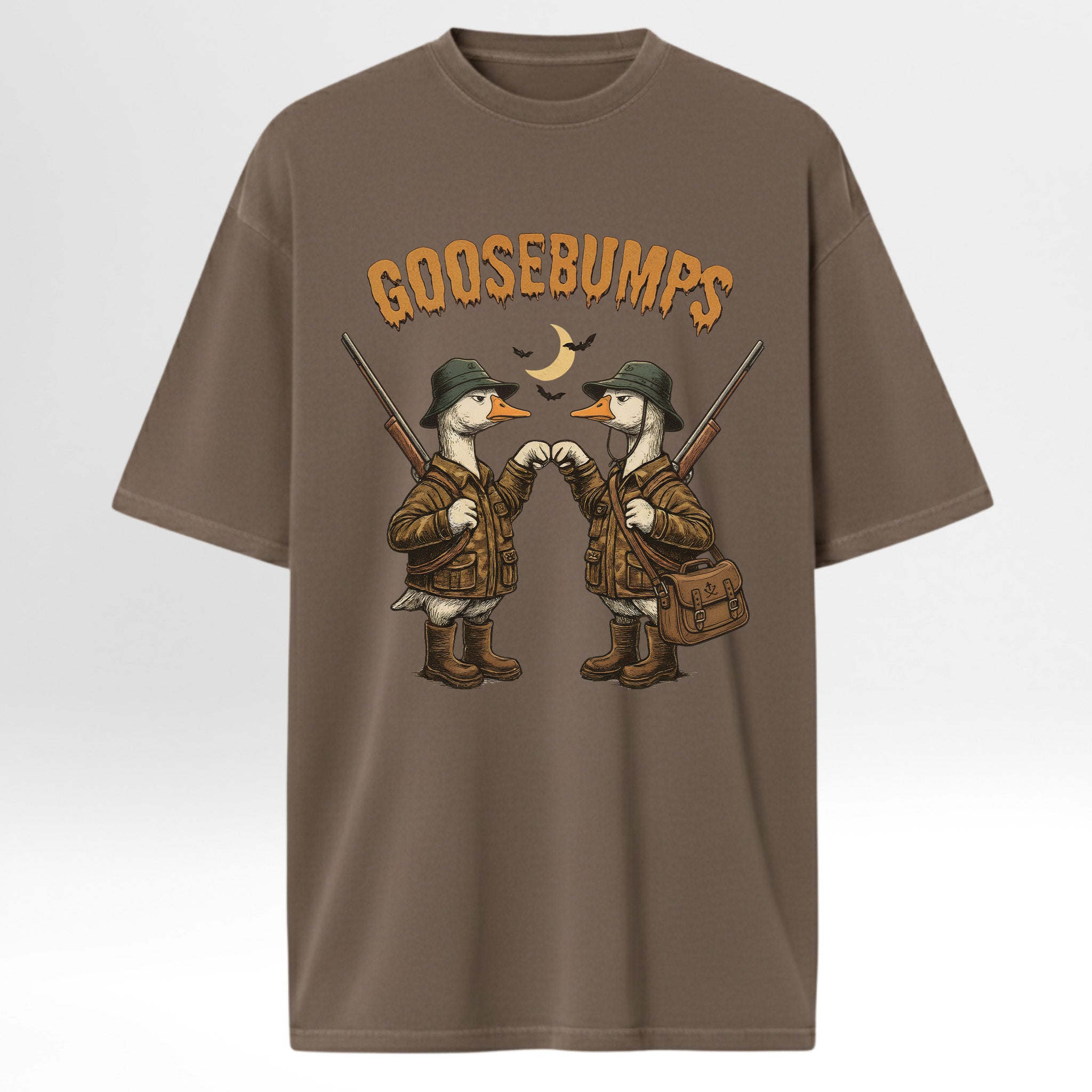 Brown hunting graphic t-shirt with 'GOOSEBUMPS' graphic and duck characters on a white background