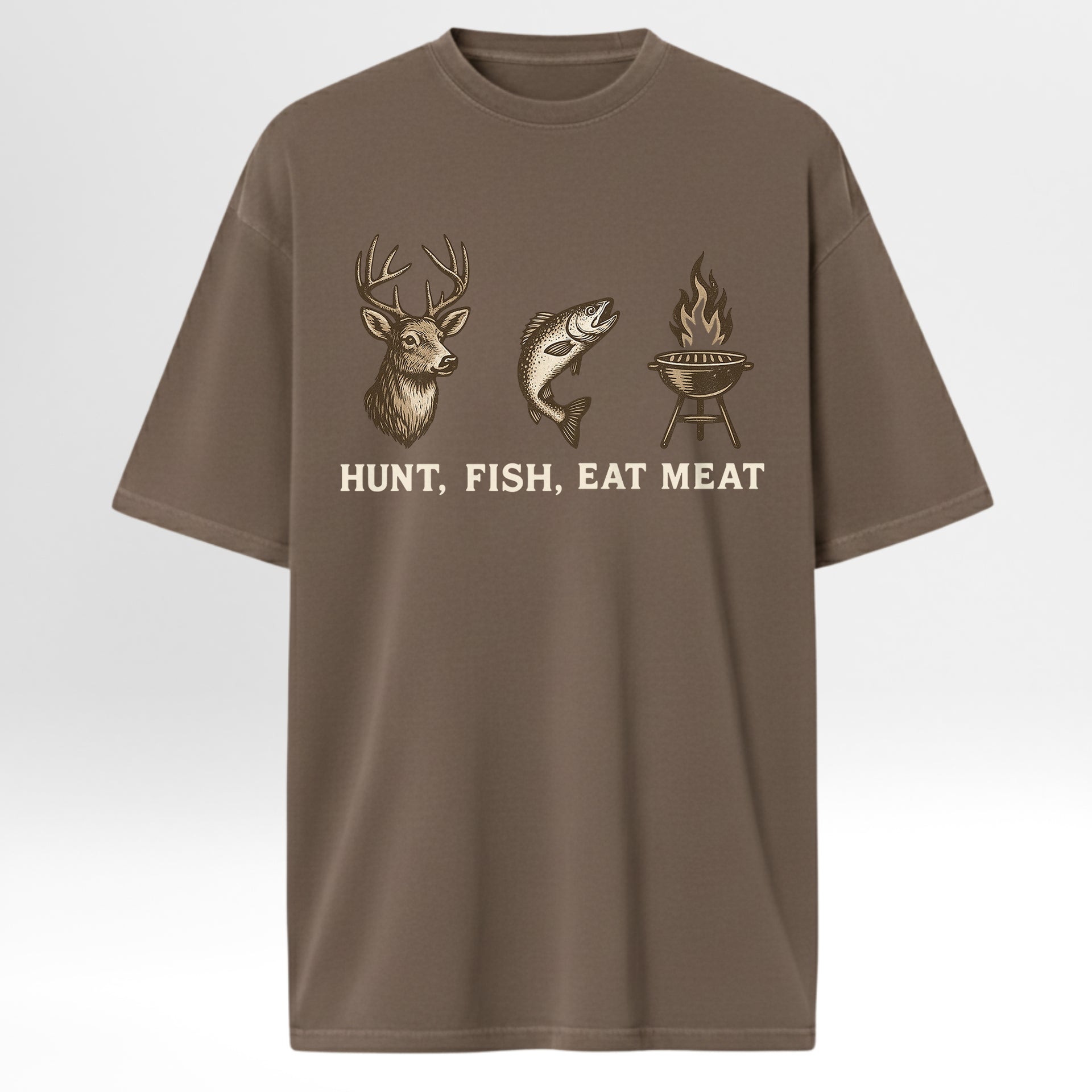 Brown hunting & fishing t-shirt with hunting and fishing graphics and text.