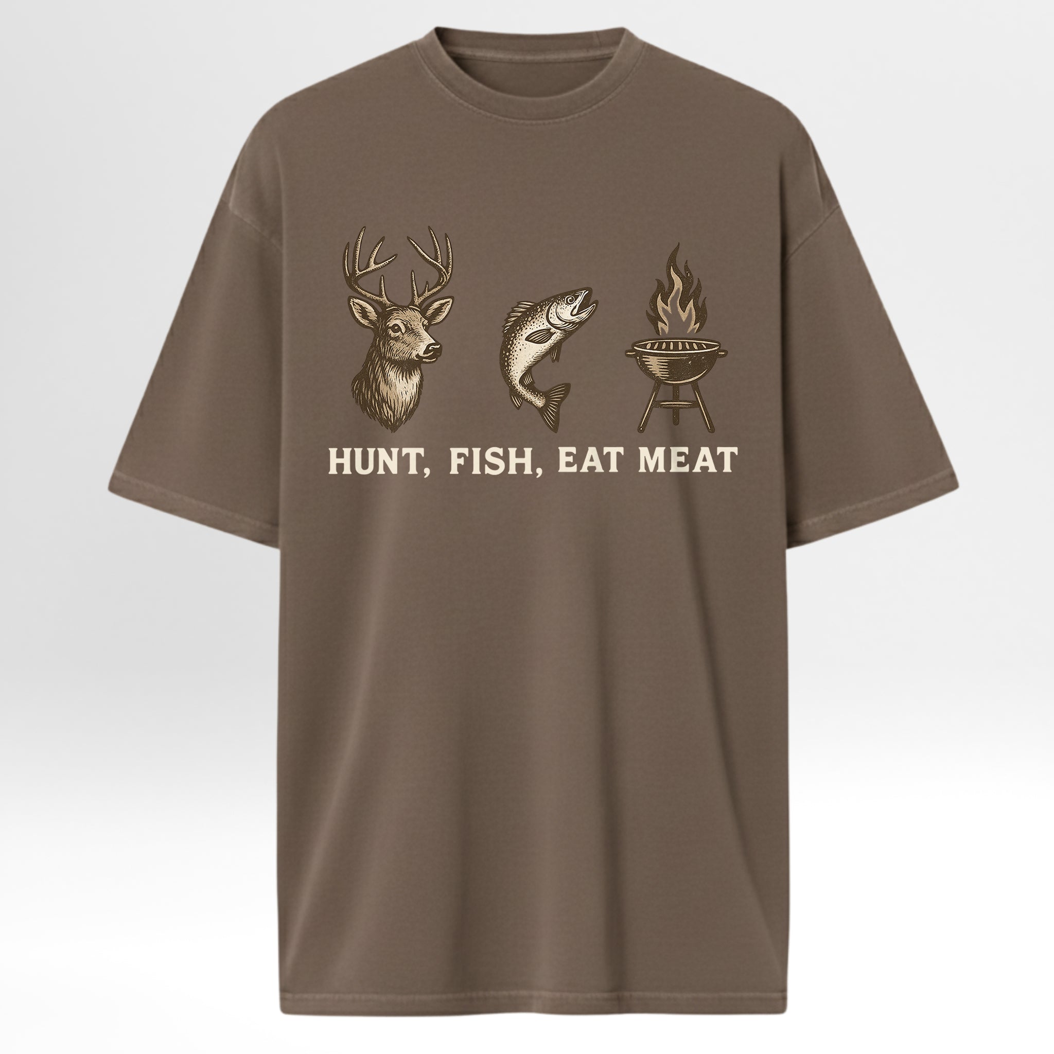 Brown hunting & fishing t-shirt with hunting and fishing graphics and text.