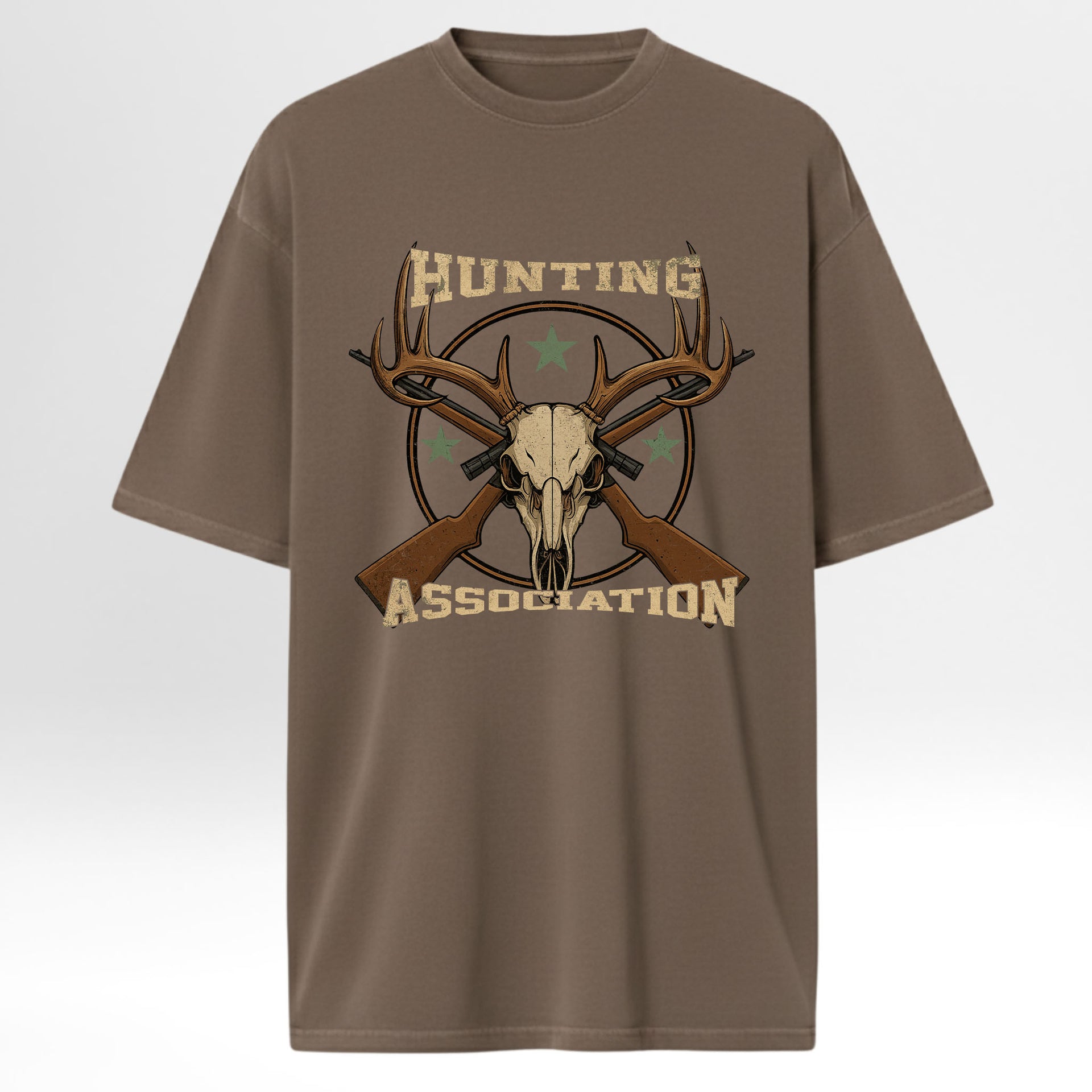 Brown hunting t-shirt with hunting graphic and text 'Hunting Association'.