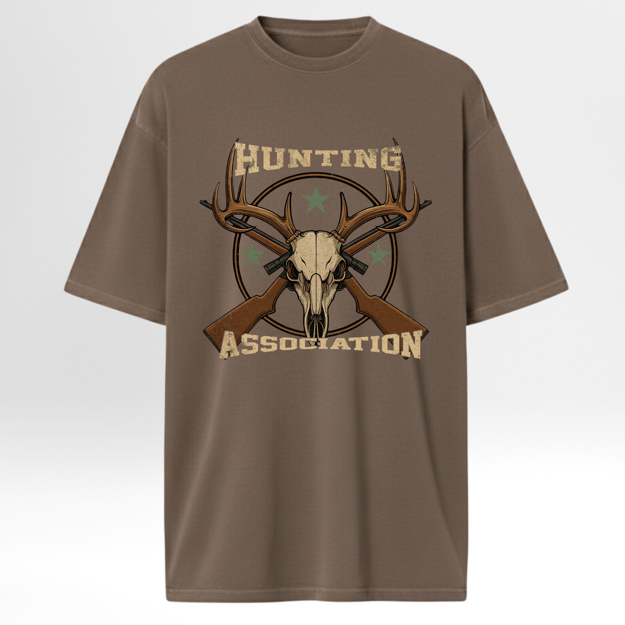 Brown hunting t-shirt with hunting graphic and text 'Hunting Association'.