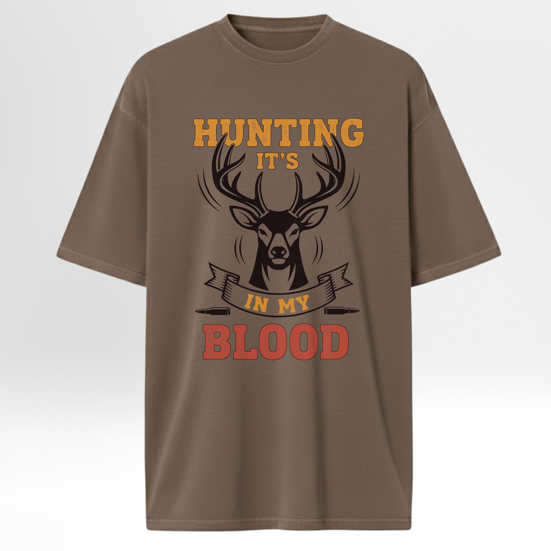 Brown hunting t-shirt with hunting graphic and text 'Hunting It's In My Blood'.