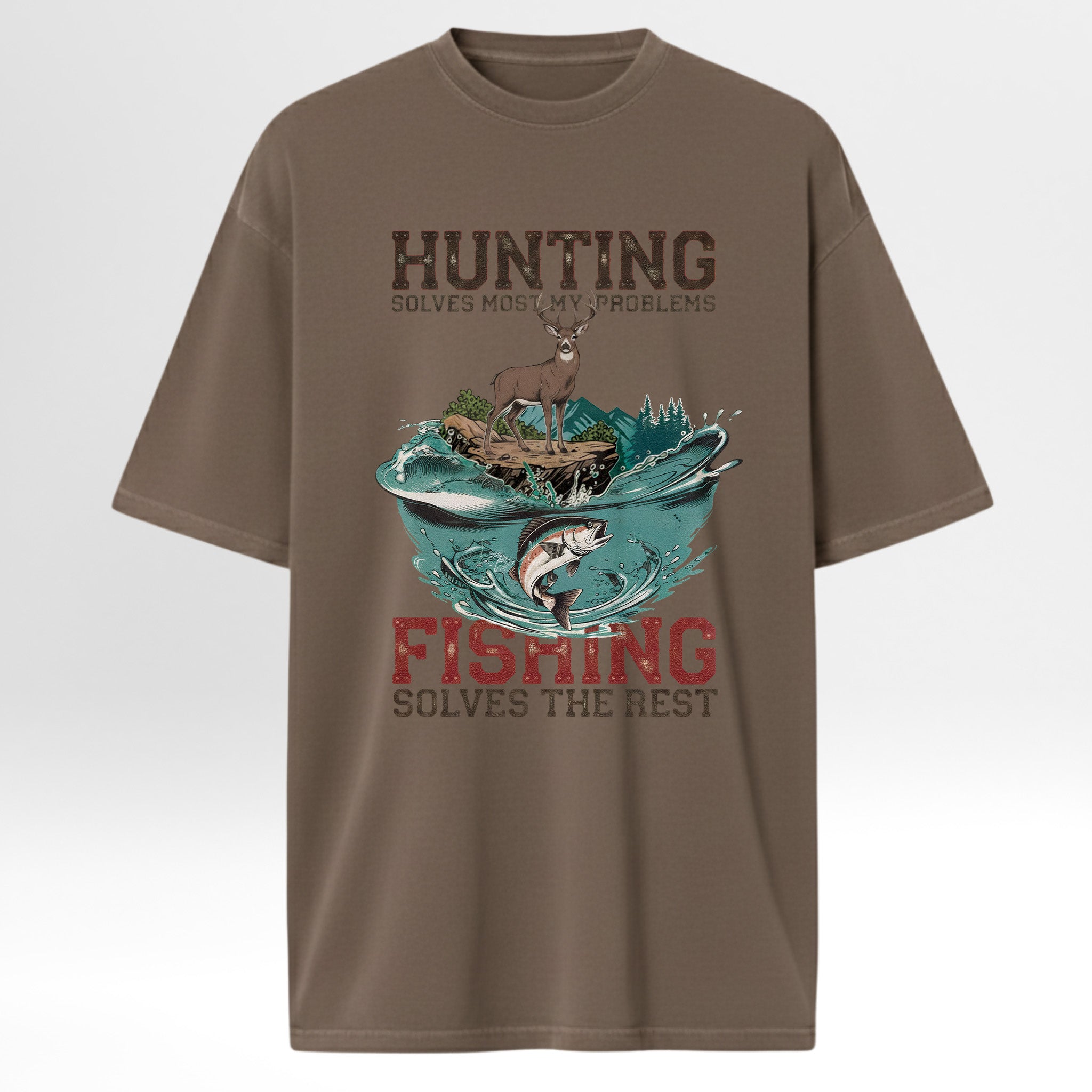 Brown hunting and fishing t-shirt with hunting and fishing graphic and text.