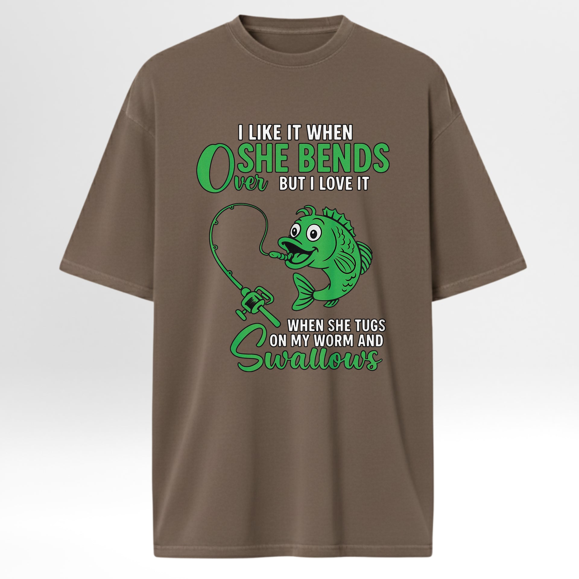 Brown fishing t-shirt with green fishing graphic and text.