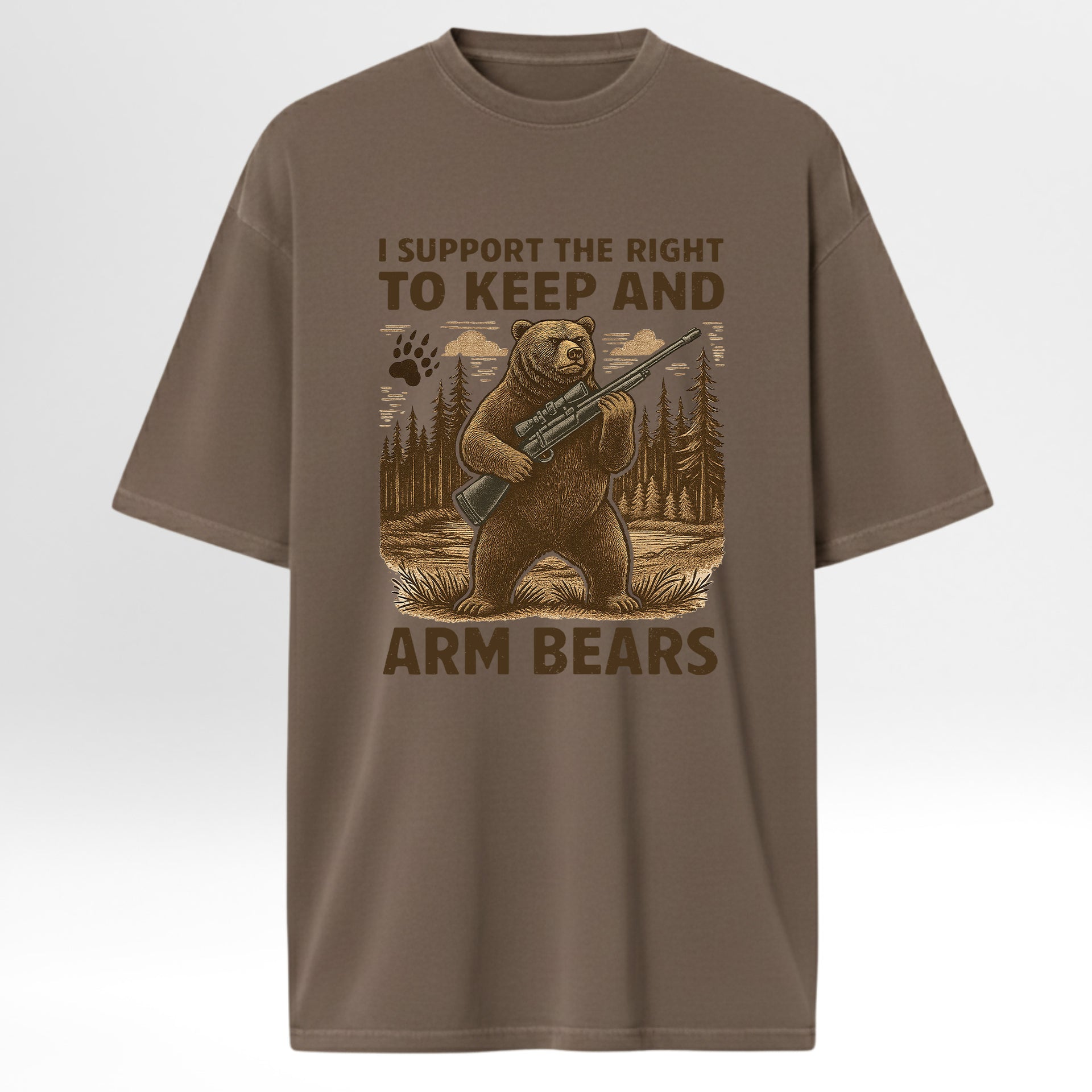 Brown hunting t-shirt with bear graphic and text.