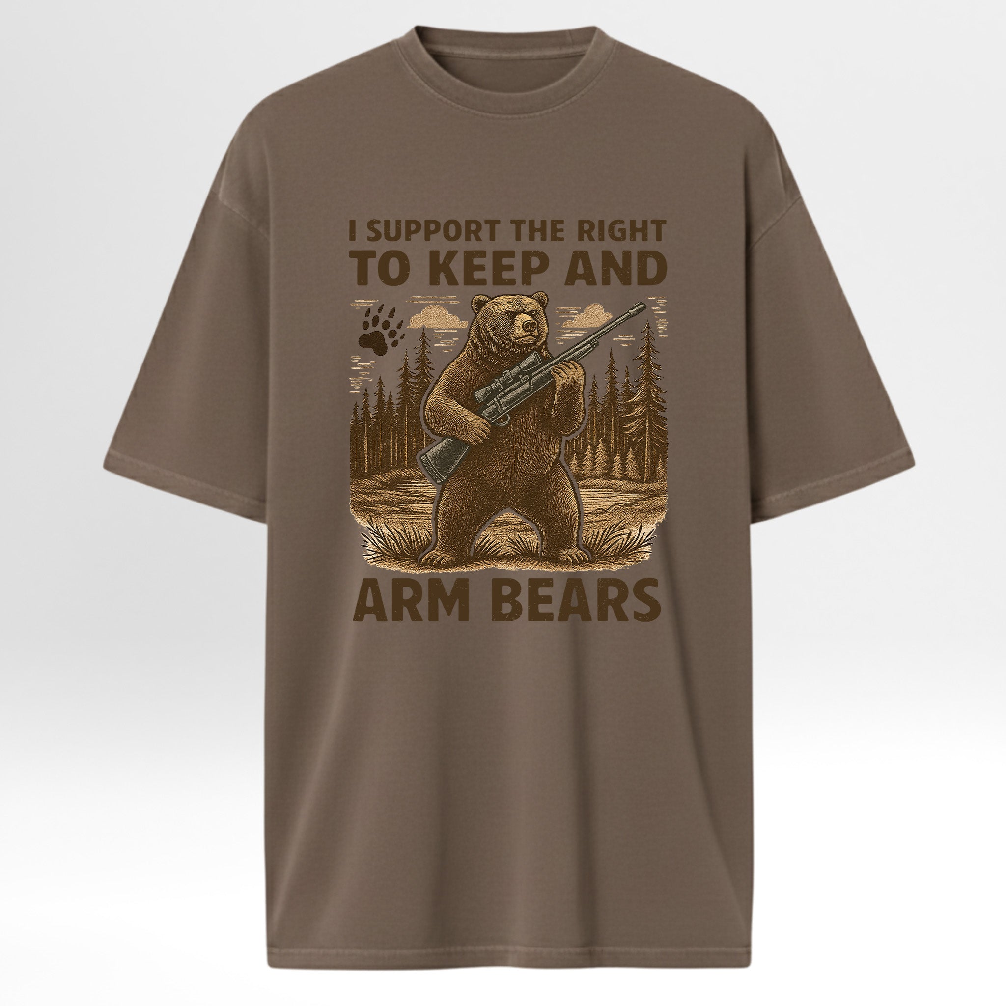 Brown hunting t-shirt with bear graphic and text.