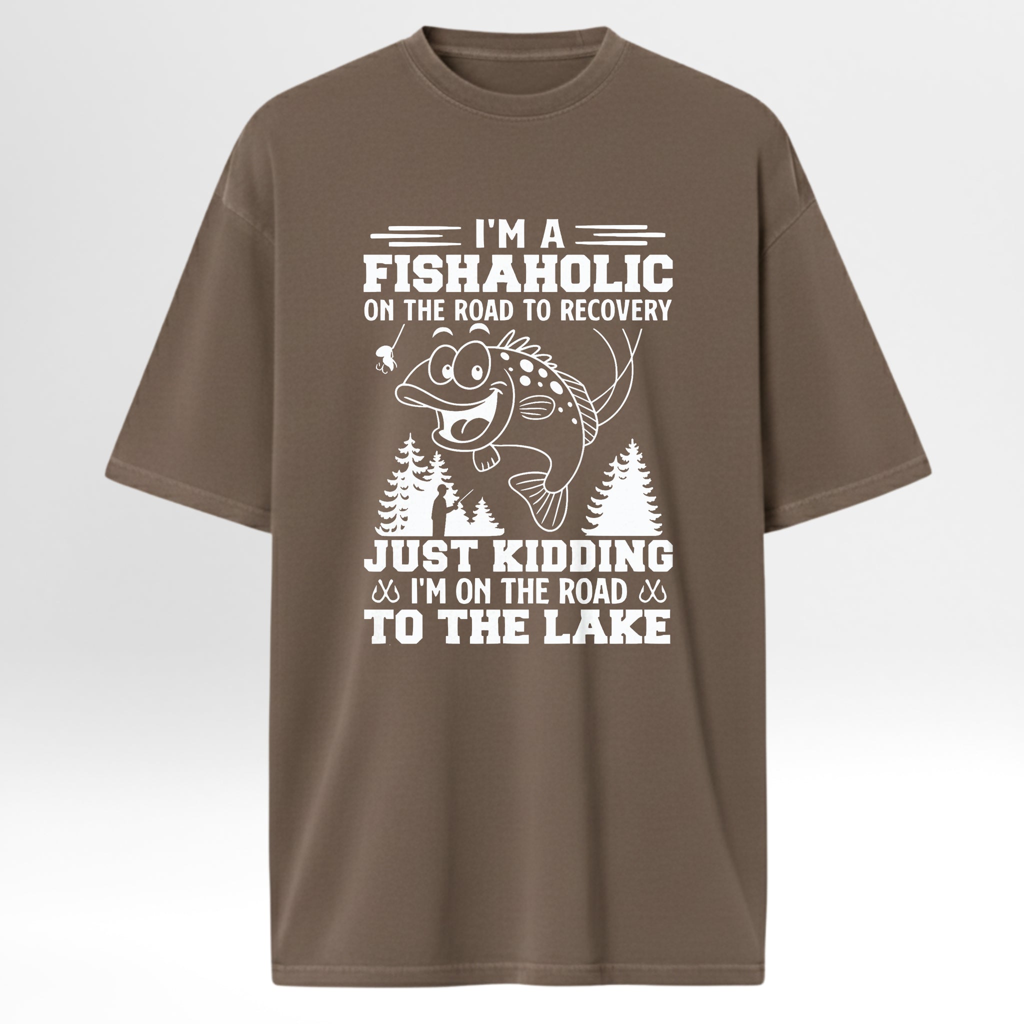 Brown fishing t-shirt with white fishing-themed graphic and text.