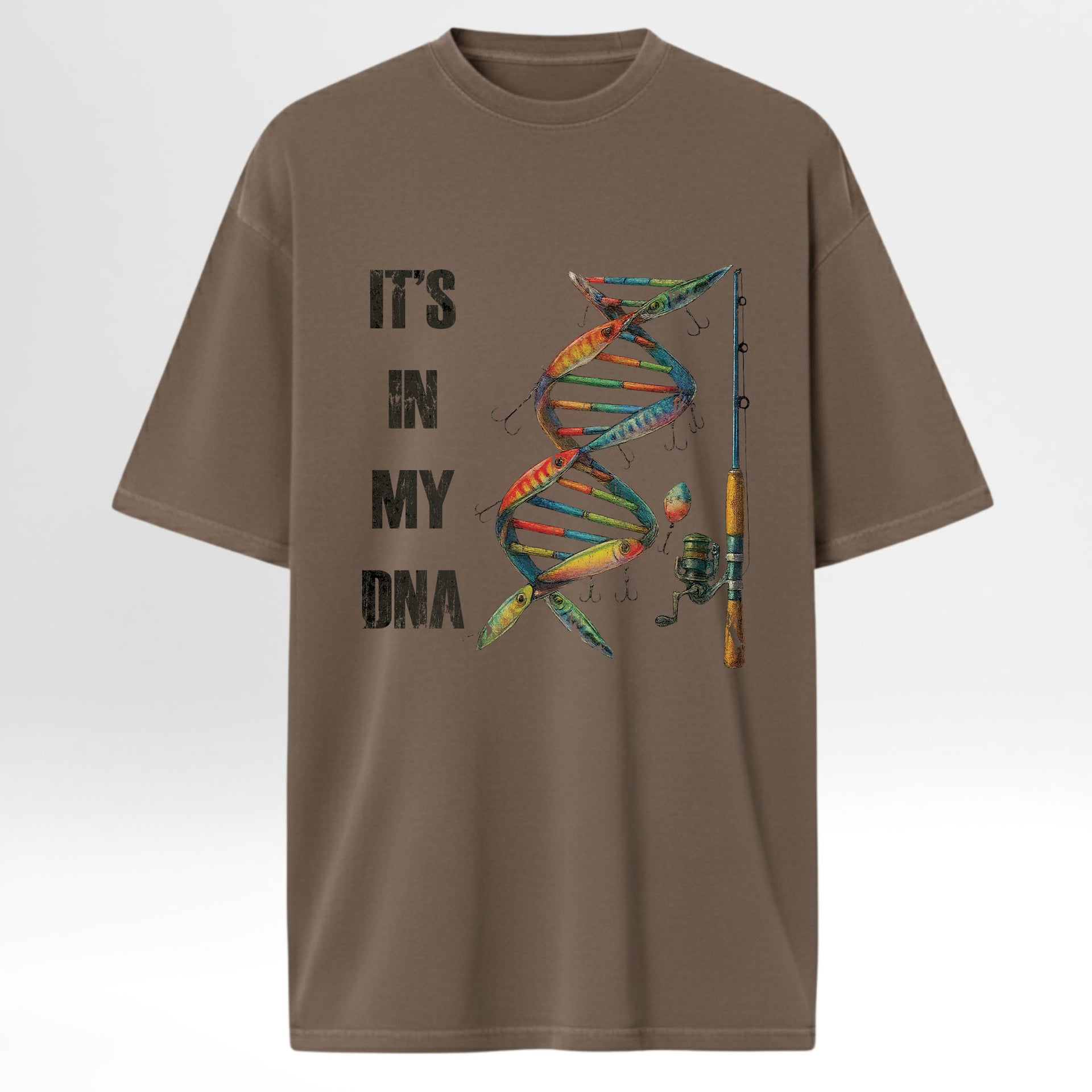 Brown fishing graphic t-shirt with colorful DNA graphic and text 'IT'S IN MY DNA' on a white background