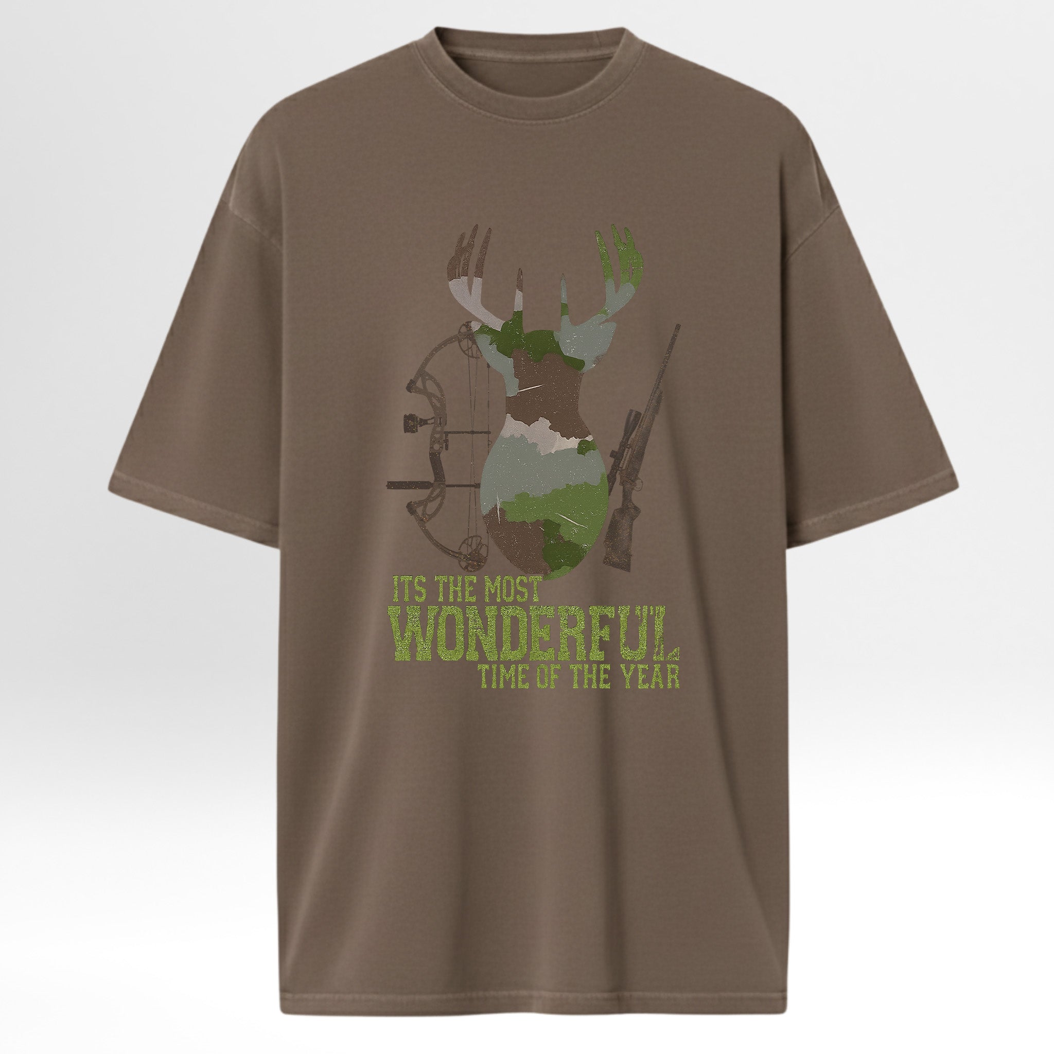 Brown hunting t-shirt with a deer and hunting graphic and text 'It's The Most Wonderful Time Of The Year'.