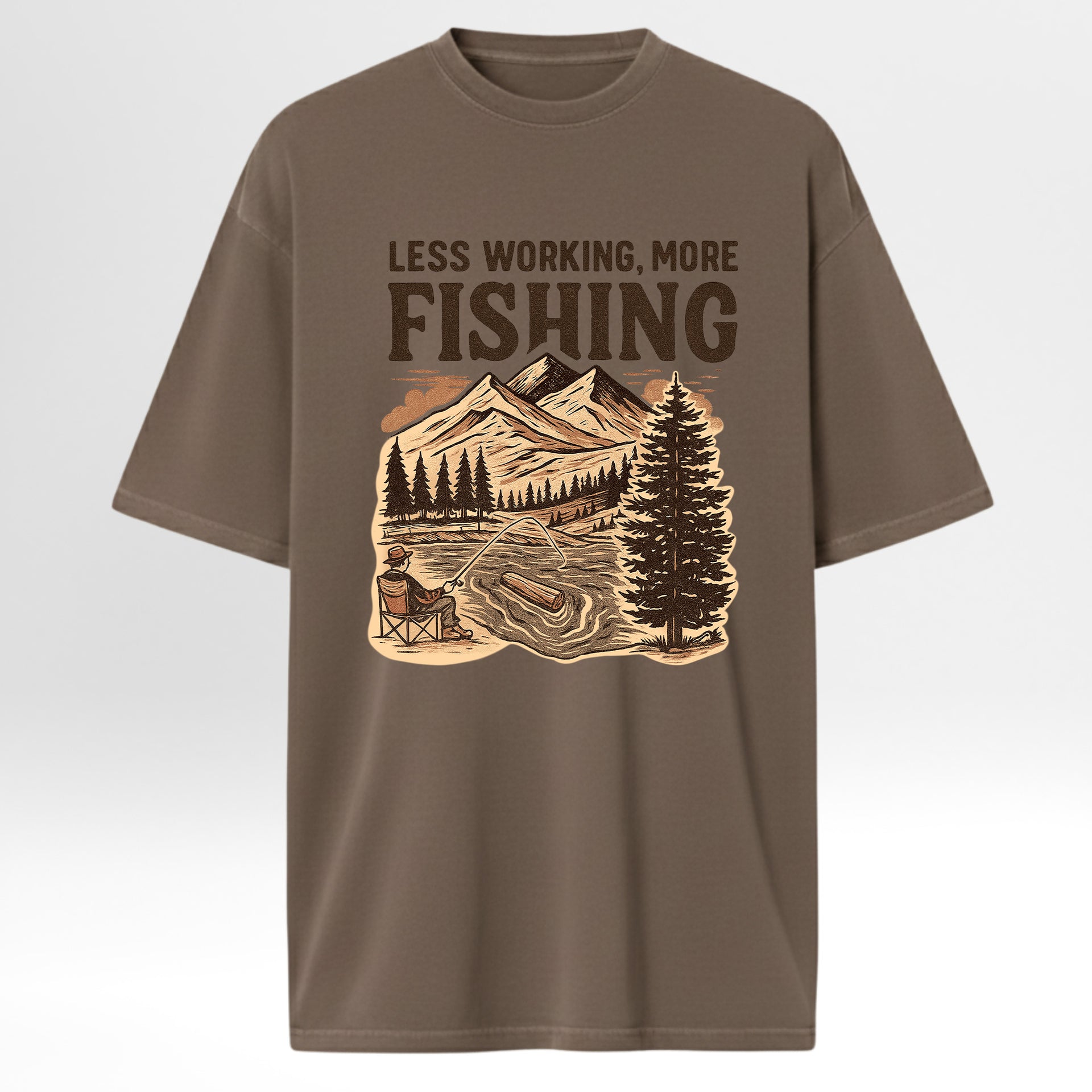 Brown fishing graphic t-shirt with 'Less Working, More Fishing' graphic and mountain lake design 